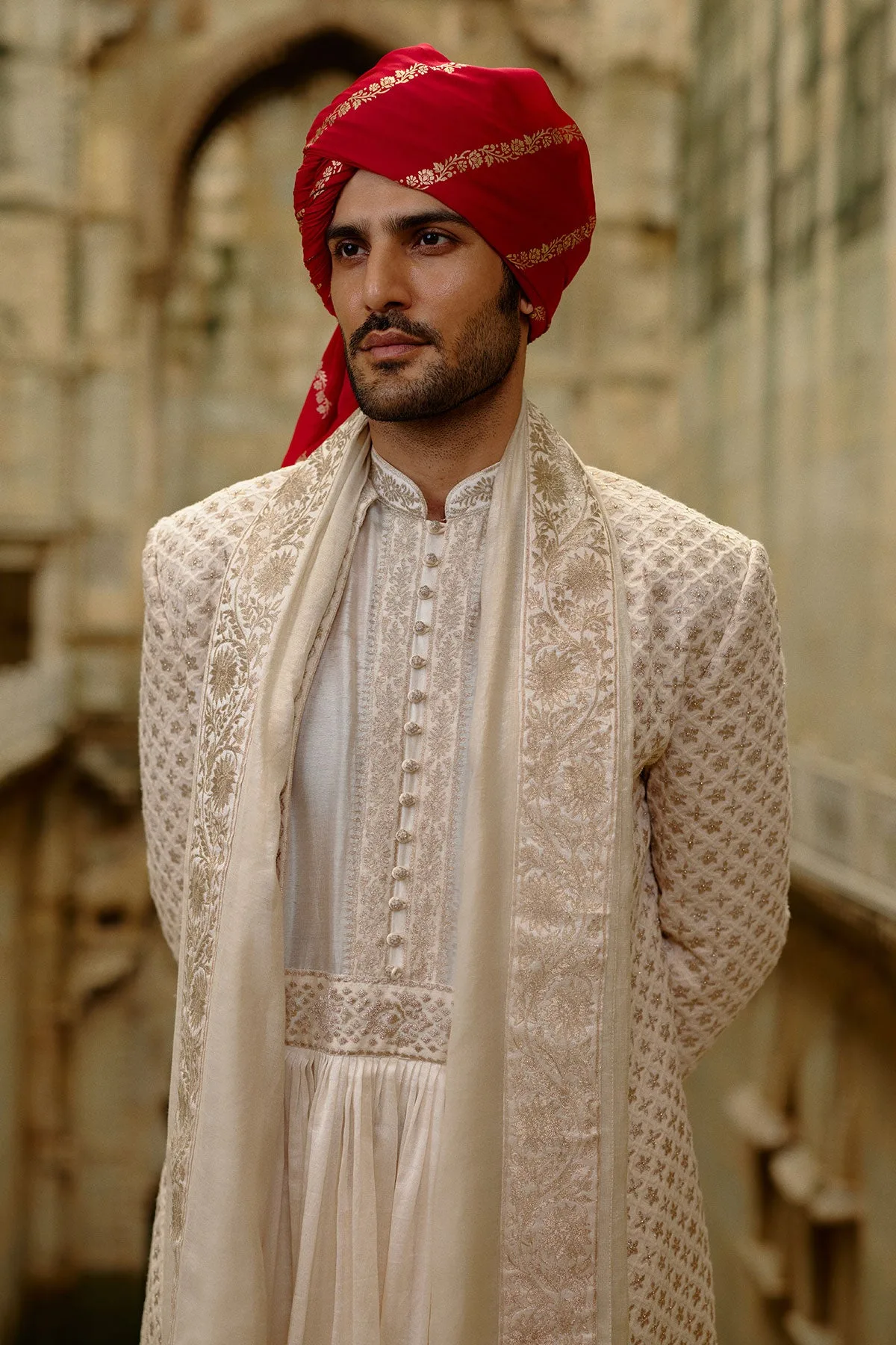 Cream Worked Sherwani Set by Nitika Gujral, view 4