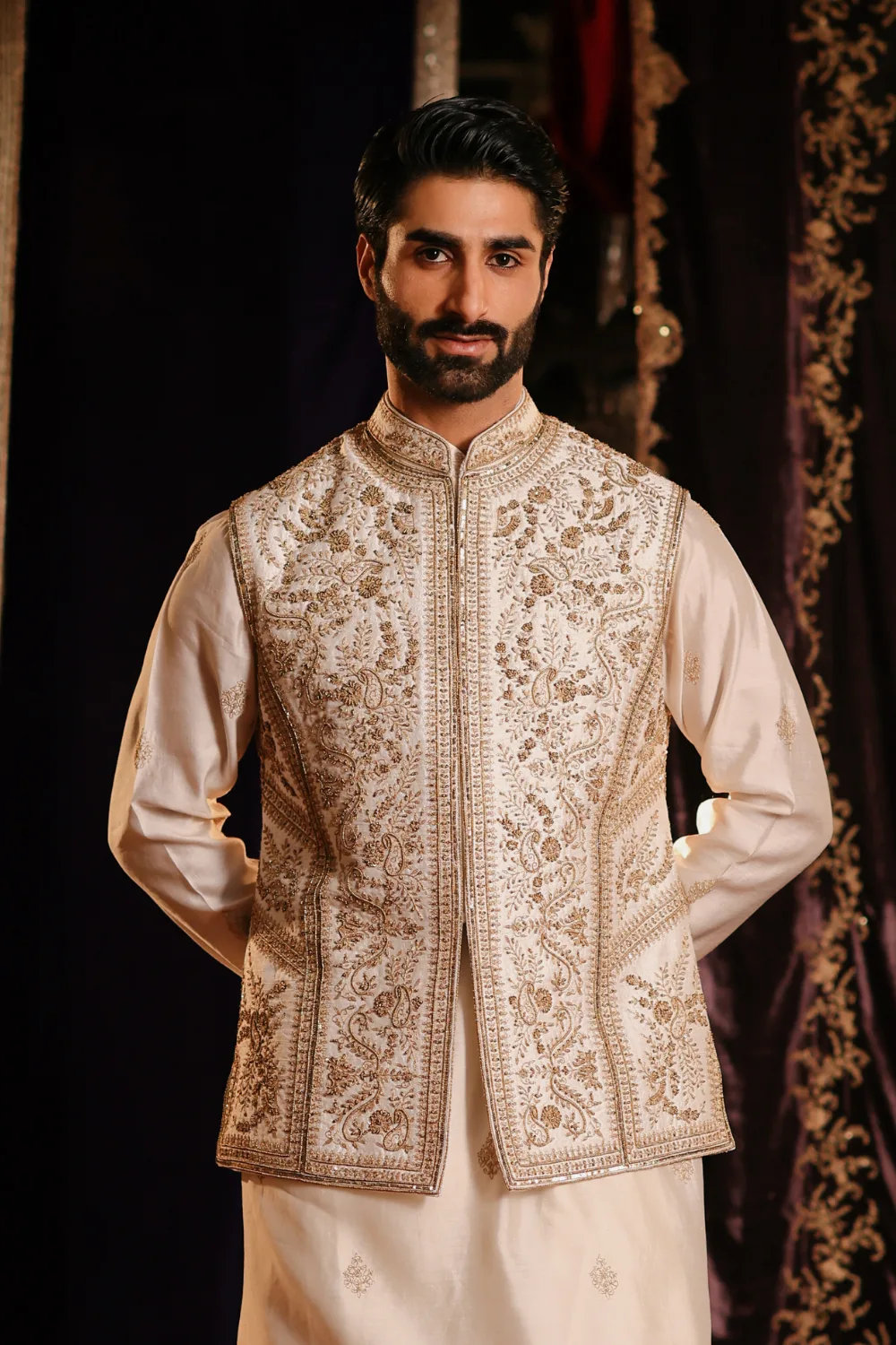 Nazir Jacket Set by Jigar Mali in ivory, view 2