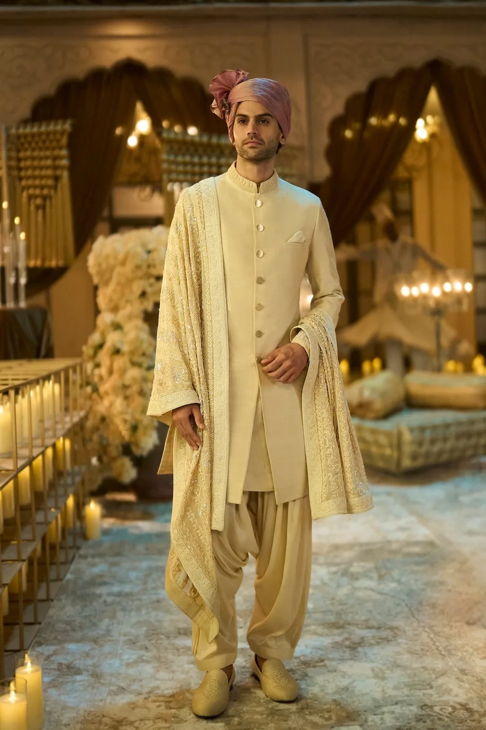 Ivory Zardosi Sherwani Set by Seema Gujral