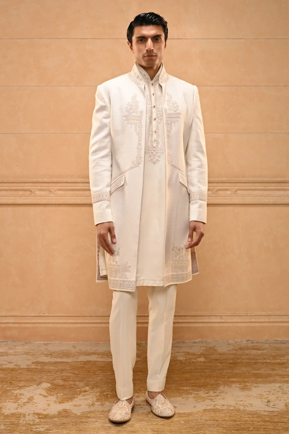 Temple Motif Open Sherwani Set by Tarun Tahiliani