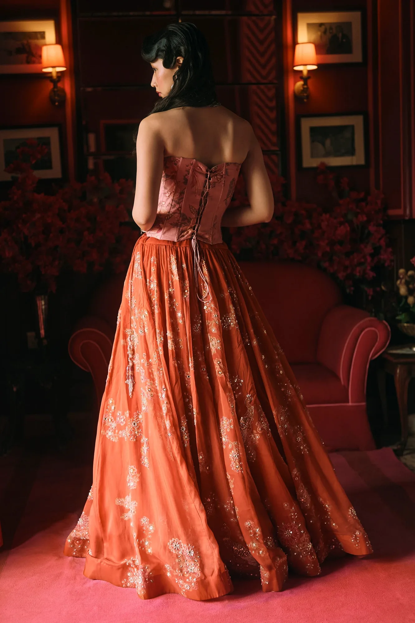 Delilah Lehenga Set by Paulmi And Harsh in rust, view 2