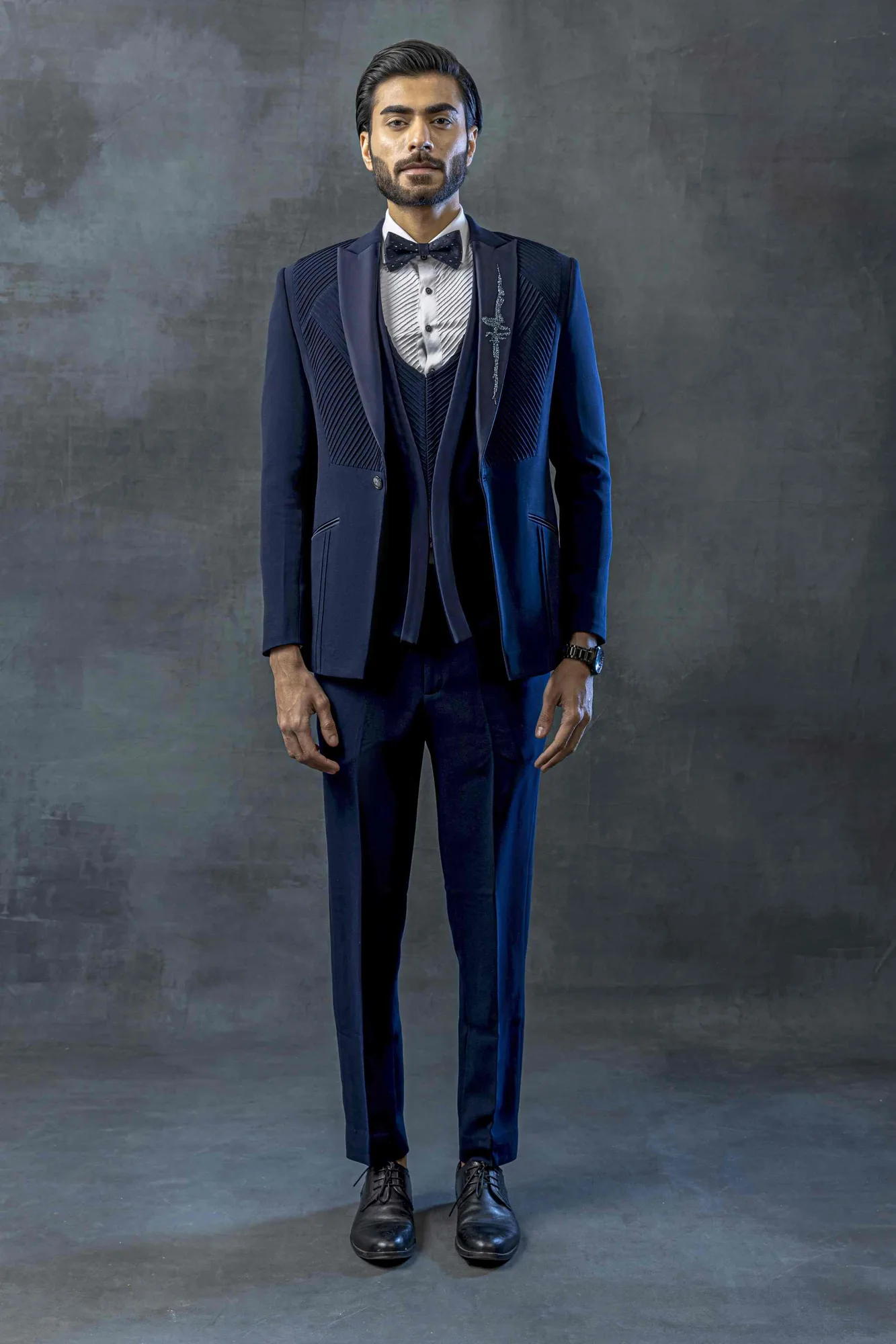Blue Tuxedo With Satin Collar by Sarab Khanijou