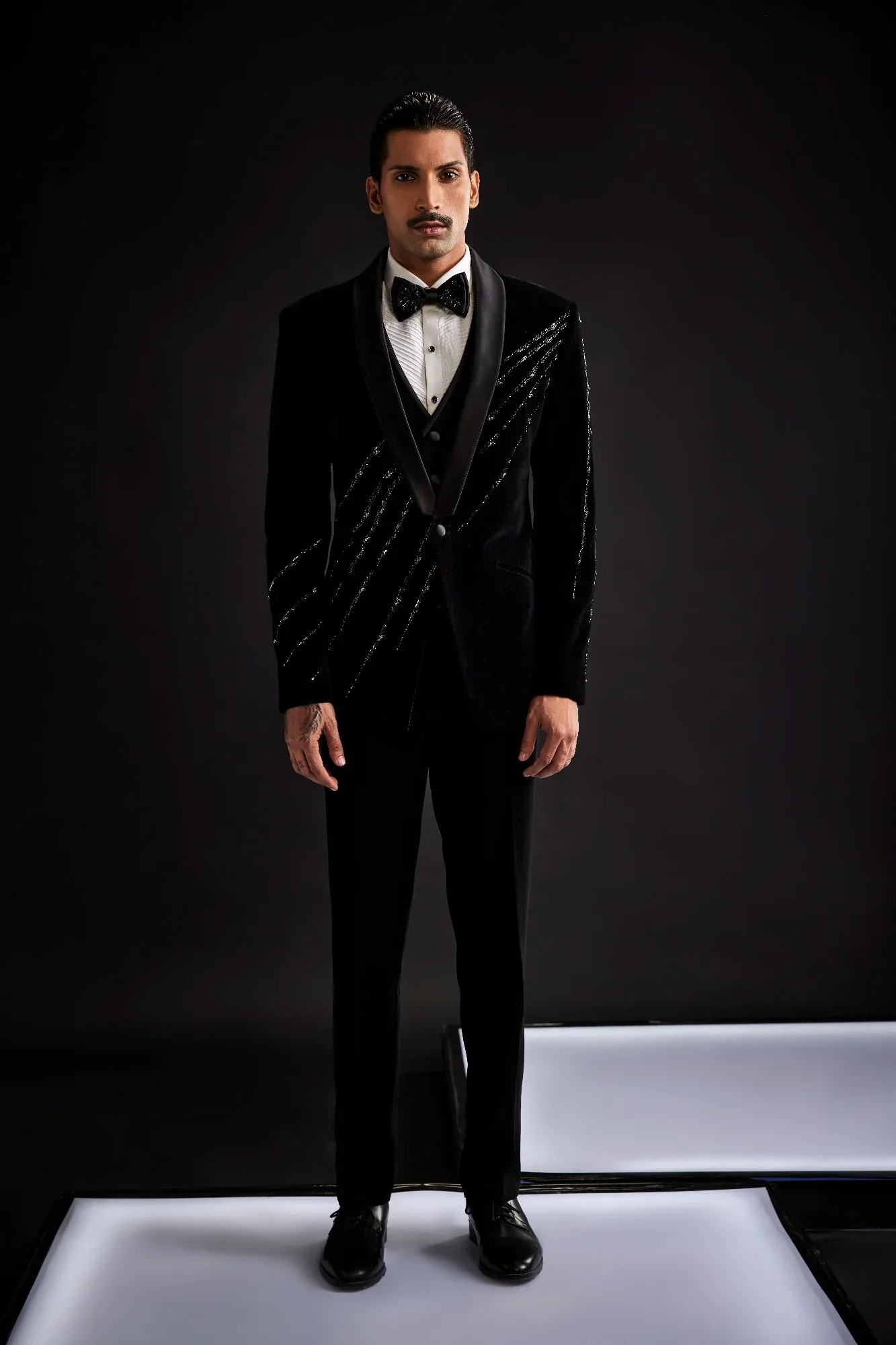 Black Velvet Placement Work Tuxedo by Sarab Khanijou