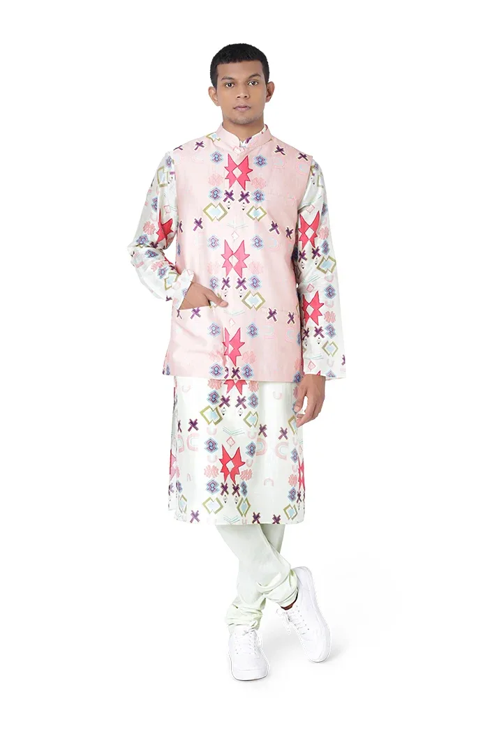 Pink Colour Printed Dupion Silk Bandi with White Colour Printed Silkmul Kurta and Off White Colour Cotton Silk Churidar by Payal Singhal