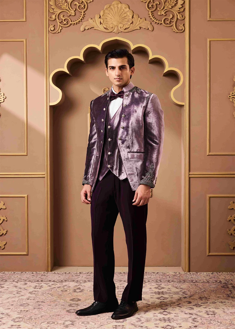 Lilac Embroidered Coat and Vest with Pant by Nitika Gujral, lilac bundi, view 2
