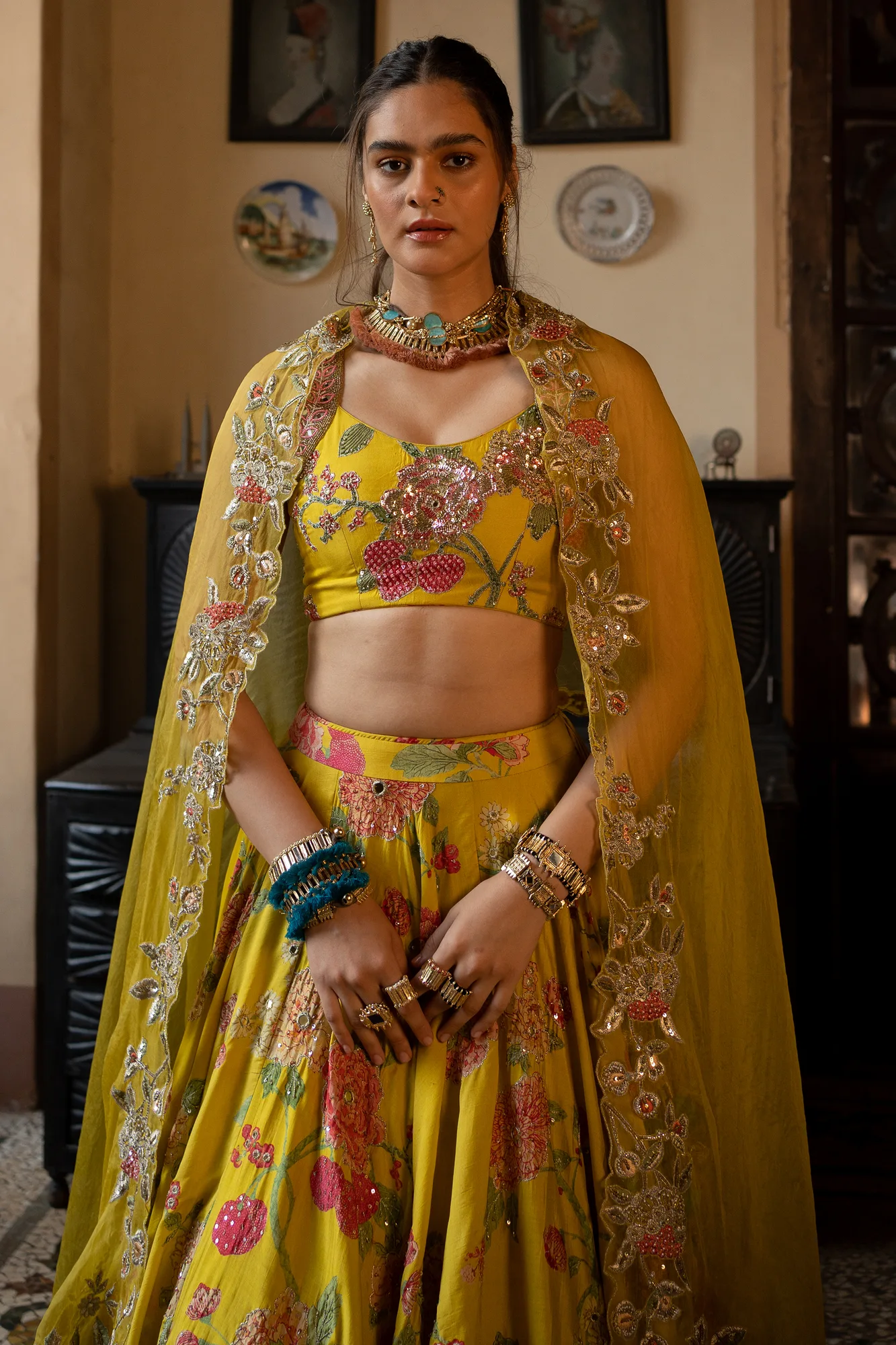 Inaaya Lehenga Set by Paulmi And Harsh in lime, view 3