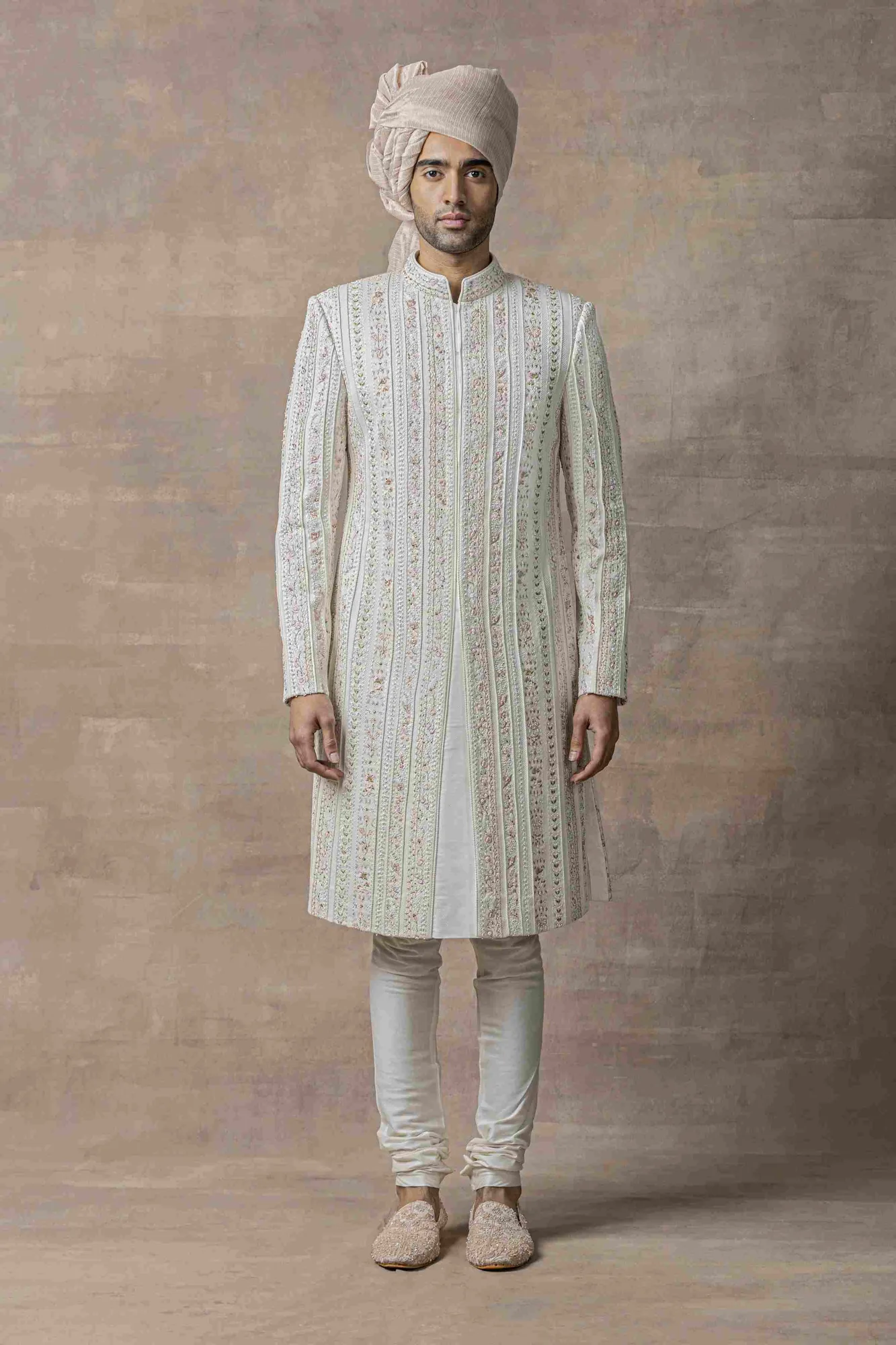 Ivory Sherwani Highlighted With Thread And Pearl Work by Sarab Khanijou