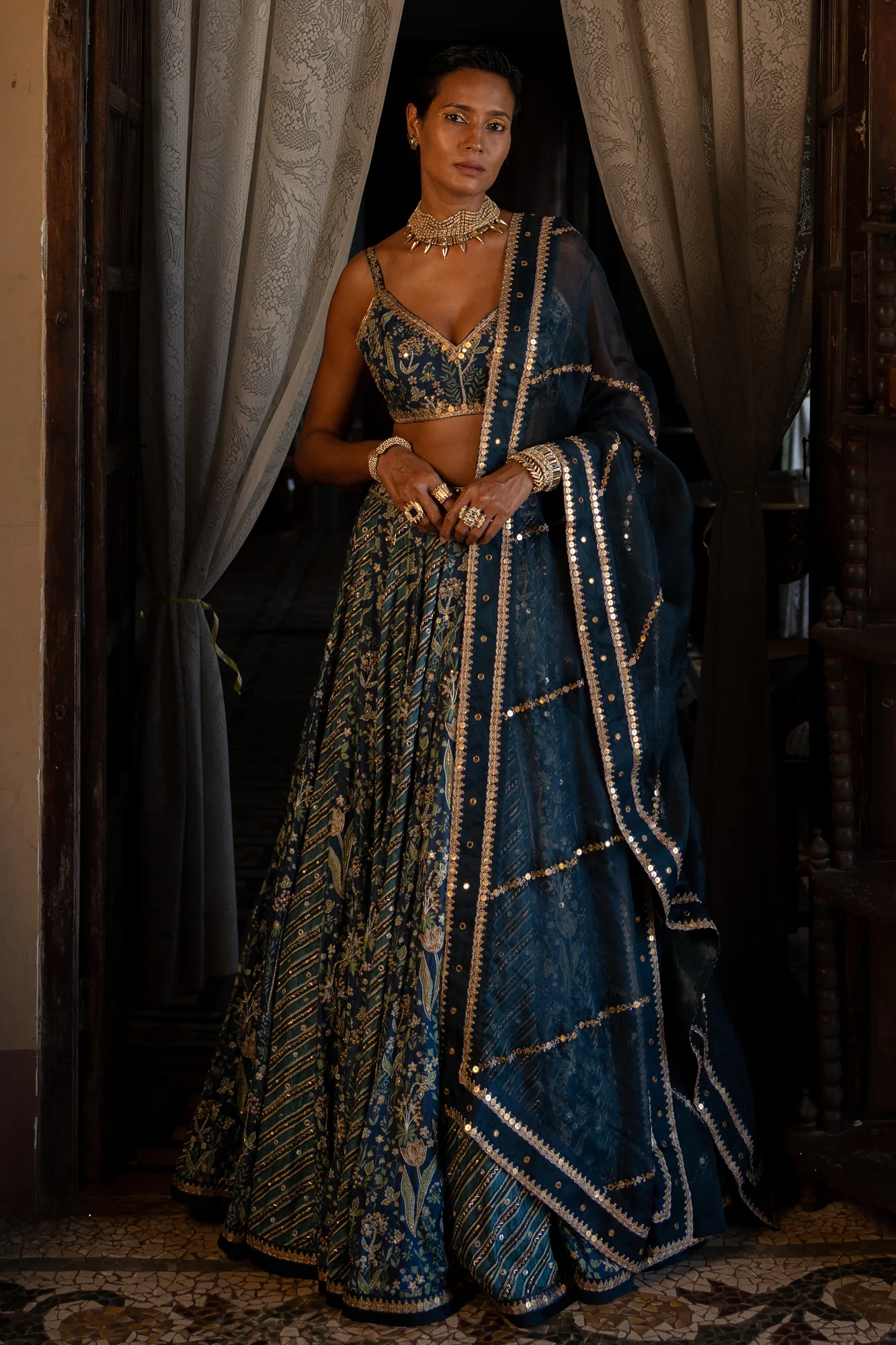 Eila Lehenga Set by Paulmi And Harsh in navy blue