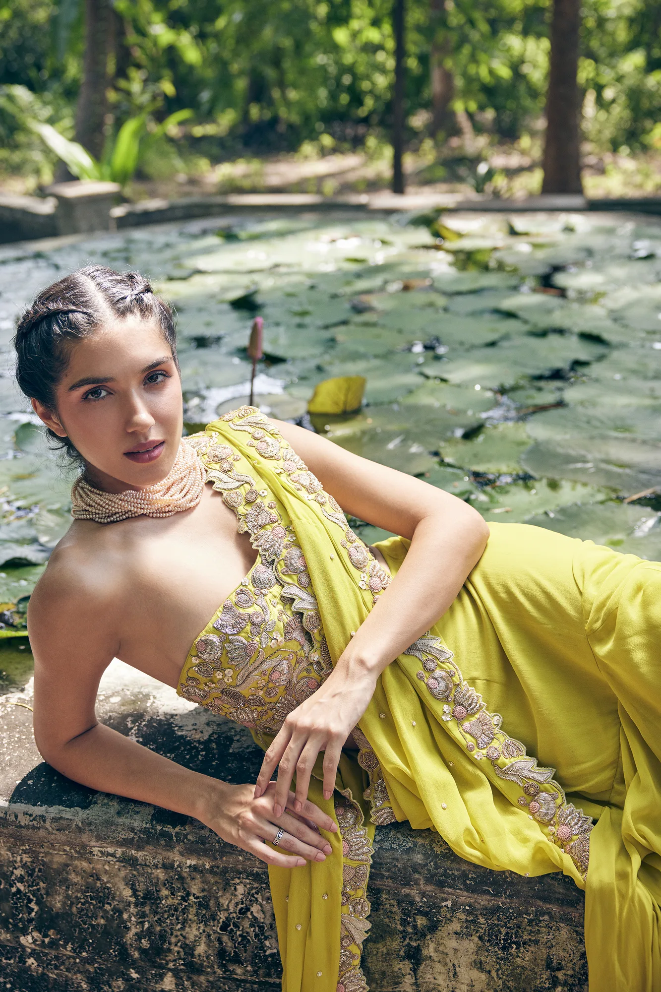 Clara Saree Set by Paulmi And Harsh in lime, view 3
