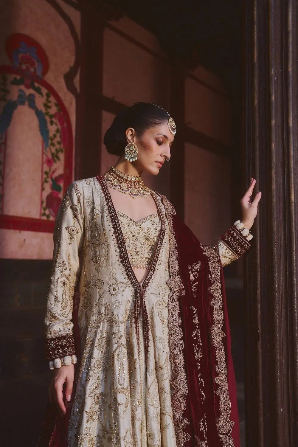 Dyuti Jacket Set by Jigar Mali in beige, view 3