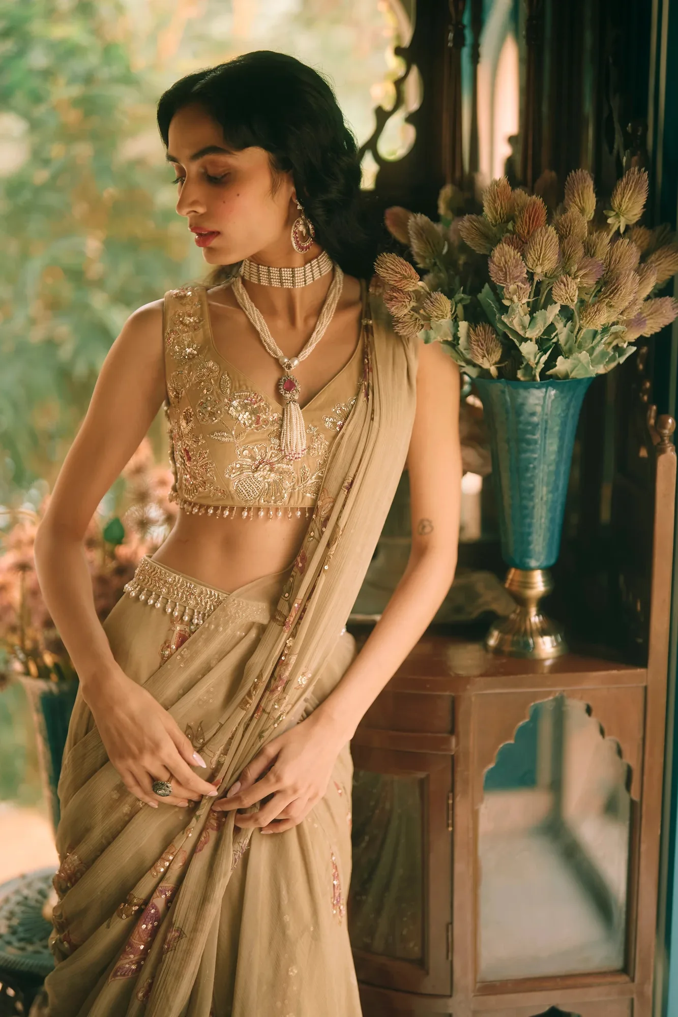 Beryl Saree Set by Paulmi And Harsh in olive, view 3