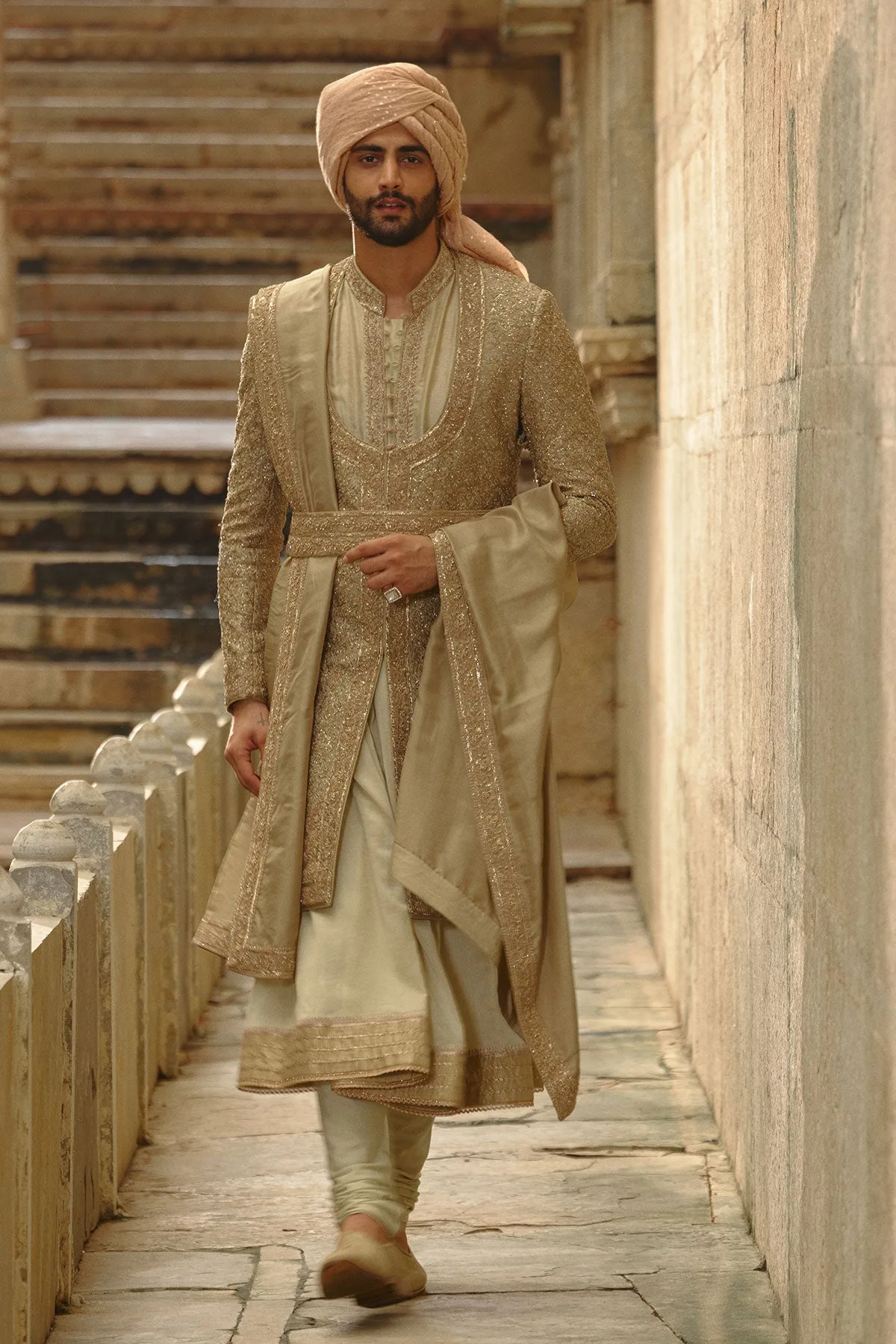 Olive Green Sherwani Set by Nitika Gujral