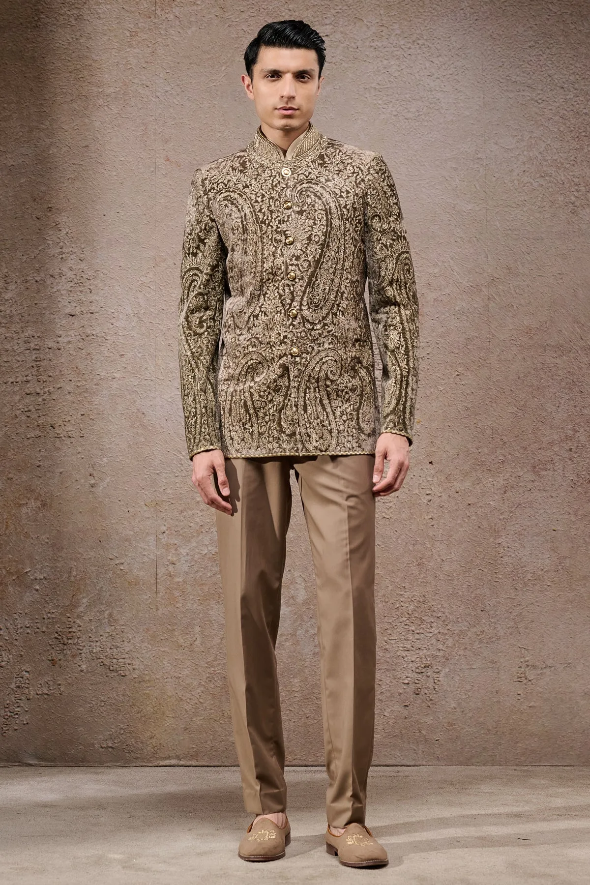 Golden Light Paisley Embroidered Velvet Bandhgala Set by Tarun Tahiliani
