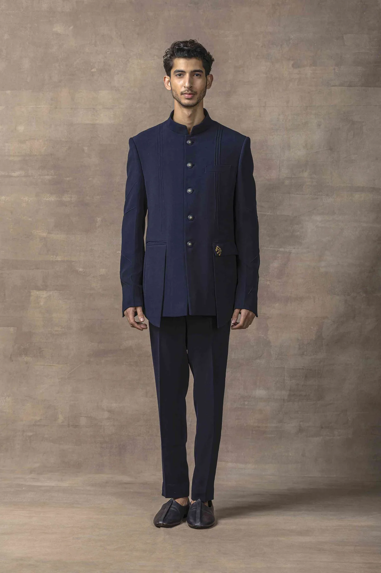 Navy Bandhgala With Panels by Sarab Khanijou