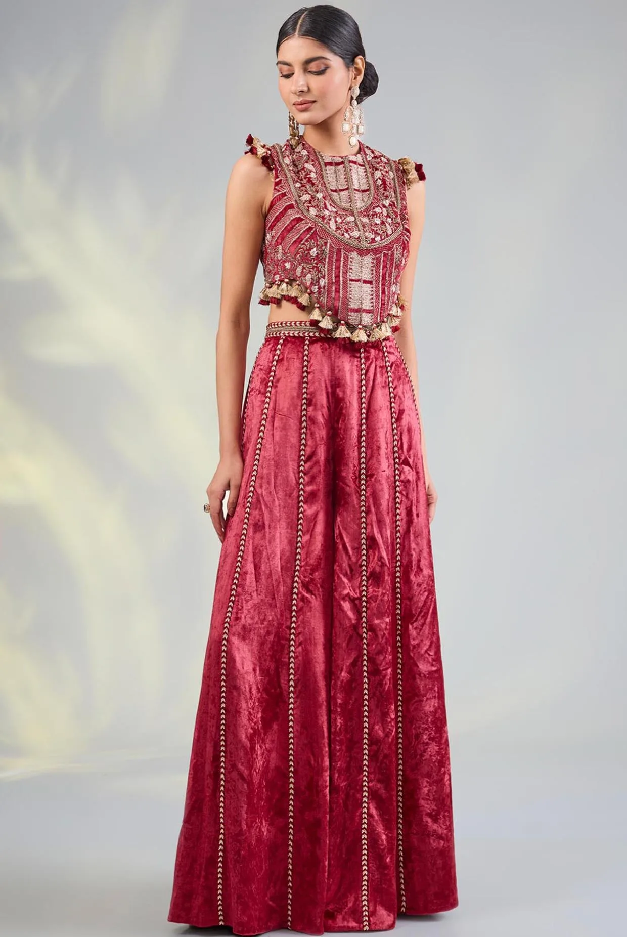 Dark Red Embroidered Choli With Sharara by Payal Singhal