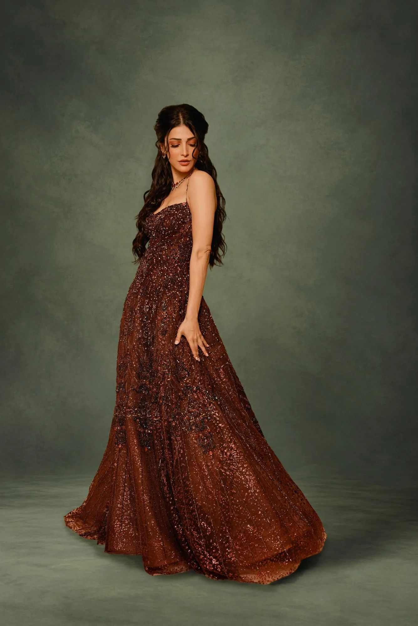 Shruti Hassan IN Celestial Plum Radiance Gown by Dolly J, view 3
