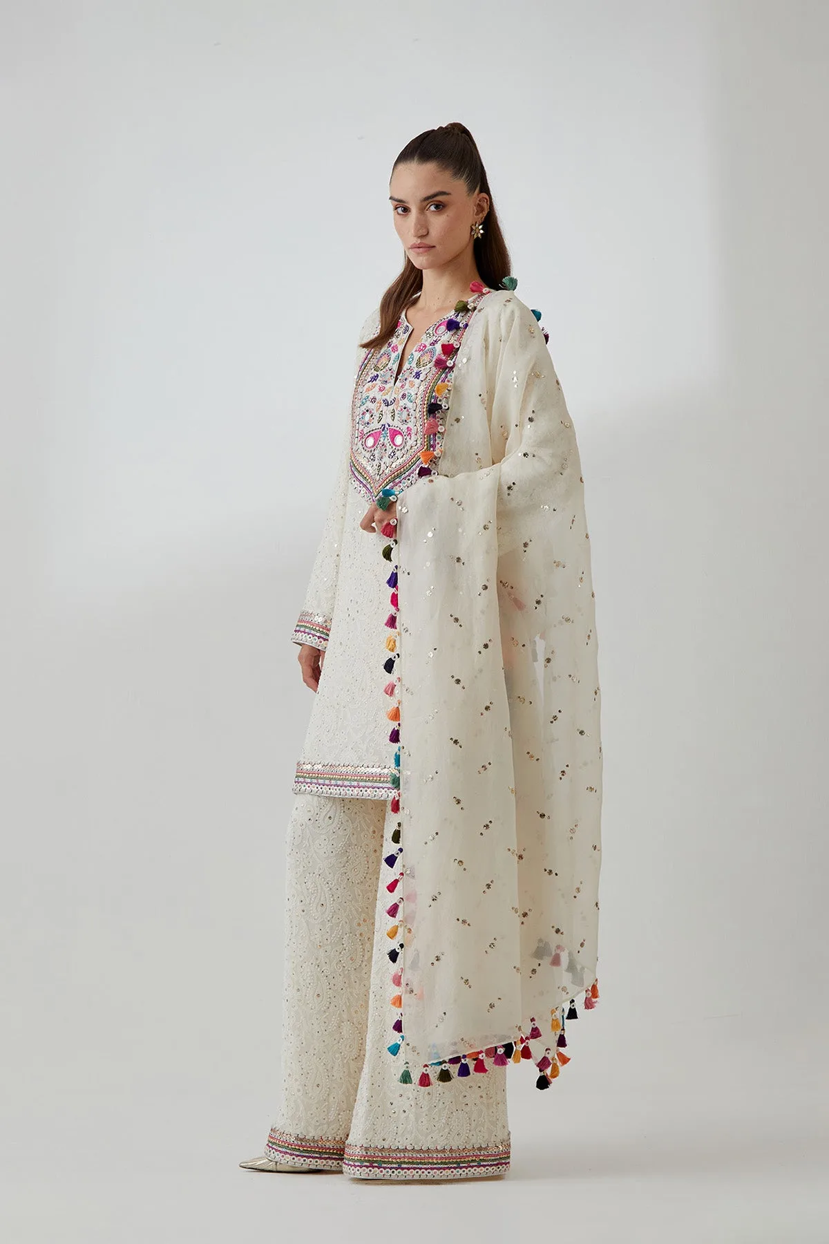 Stone Chikankari Embroidered Kurta With Palazzo And Mukaish Organza Dupatta by Payal Singhal, view 3
