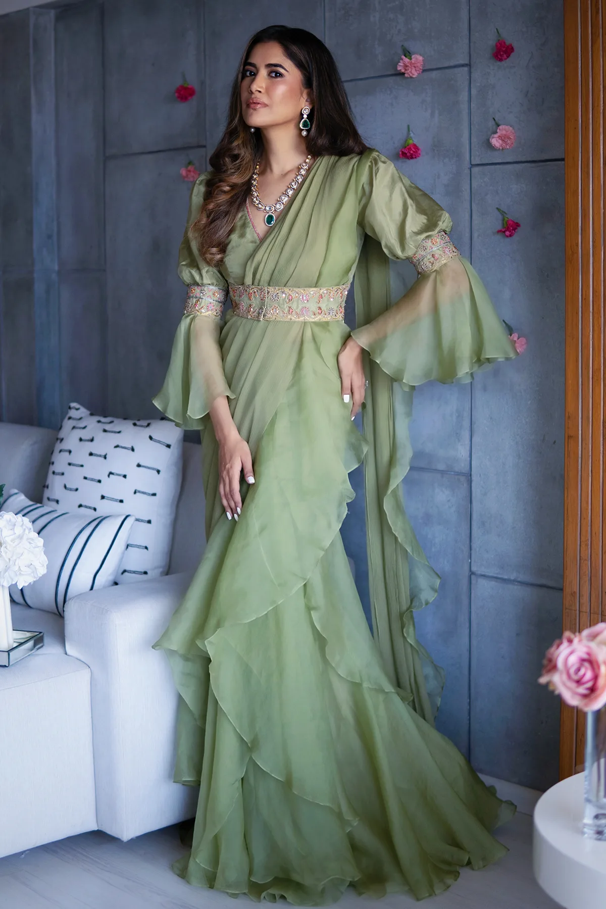 Alisha Pekha In Iris by Ridhi Mehra, green sari