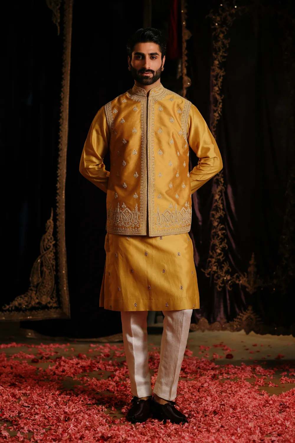 Maheer Jacket Set by Jigar Mali in mustard