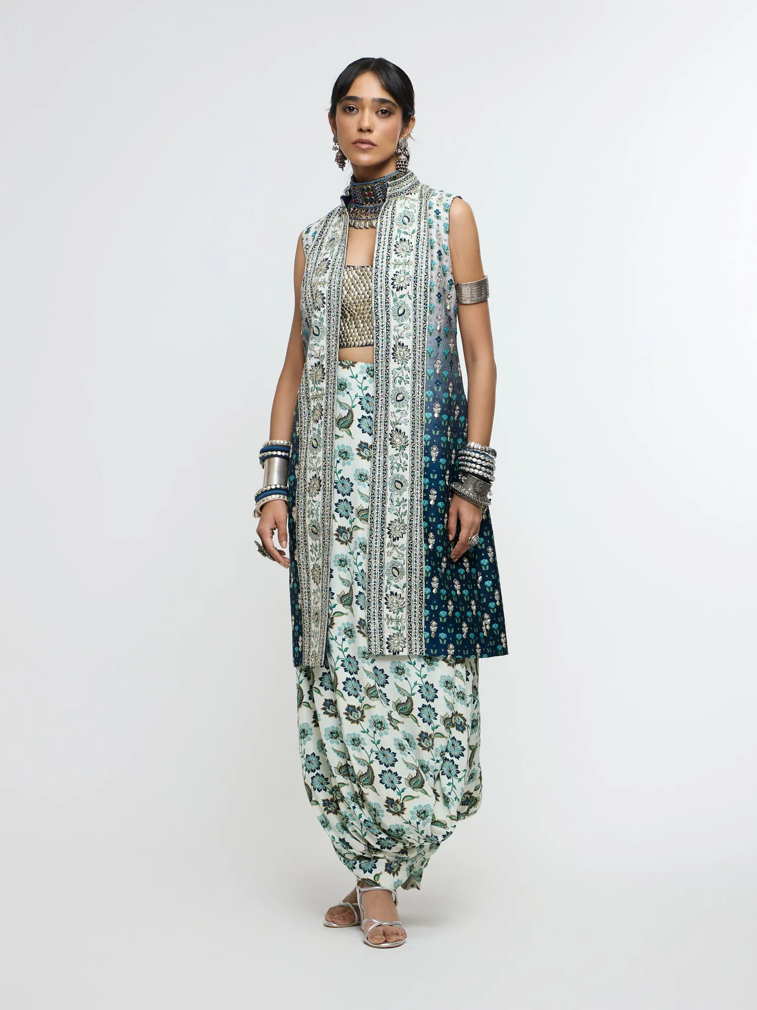 Nysa Long Jacket Paired With Metallic Bustier & Drape Skirt. by SVA, jacket set