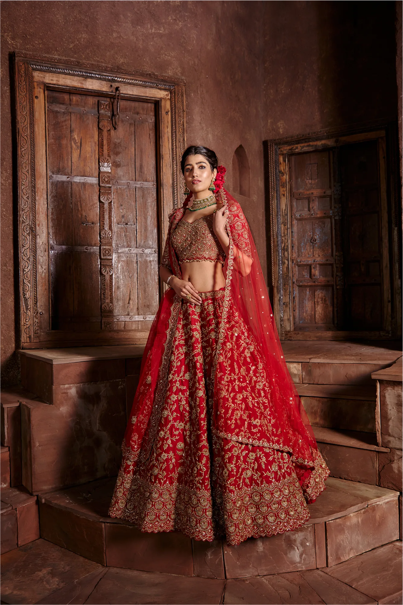 Red Raw Silk Lehenga Set by Nitika Gujral, view 2