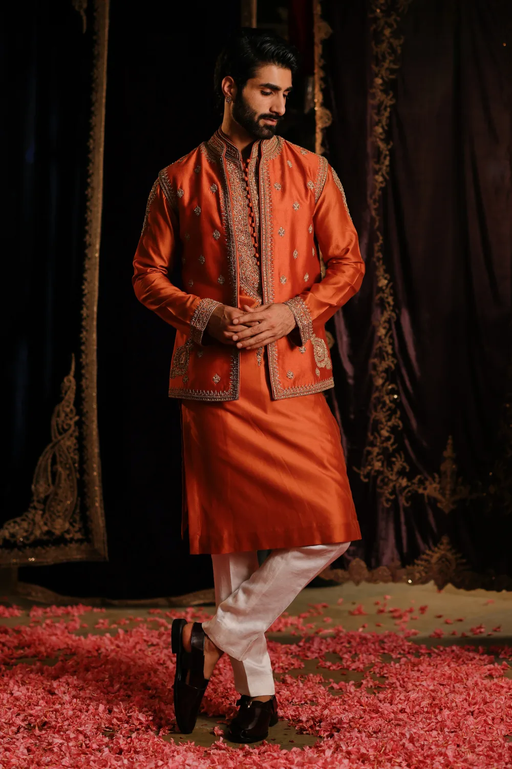 Zunaid Jacket Set by Jigar Mali in rust