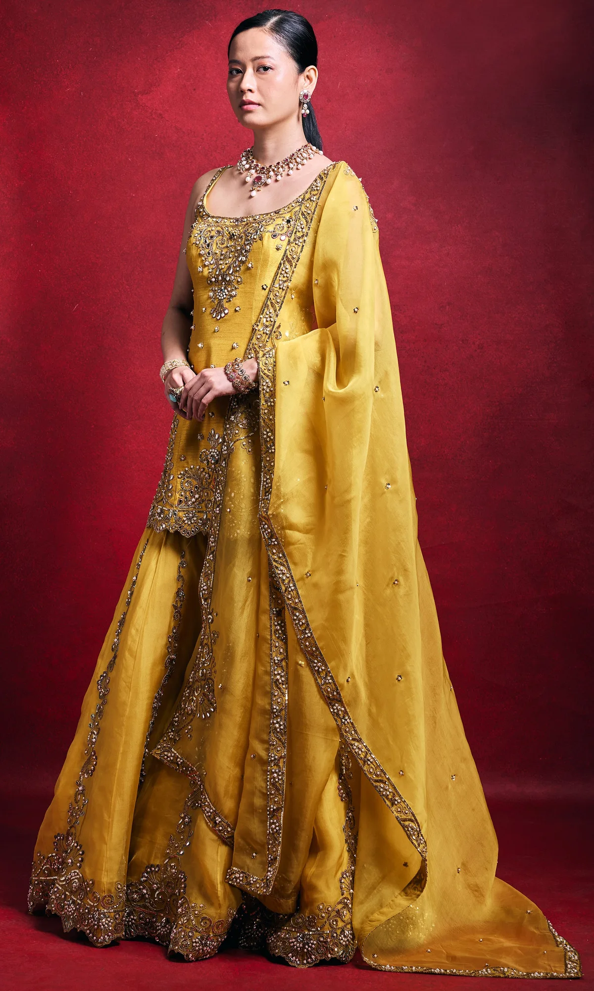 Mustard Sharara Set by Tamanna Punjabi Kapoor, view 3
