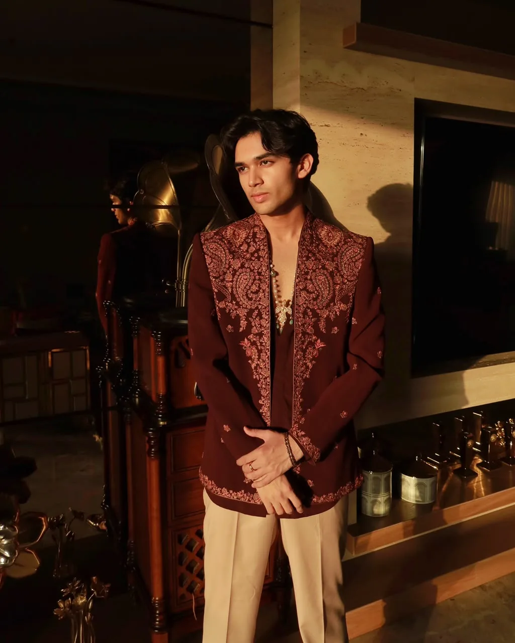 Shrey Singh in Royal Kashida Open Jacket Set by Dolly J in maroon, view 2
