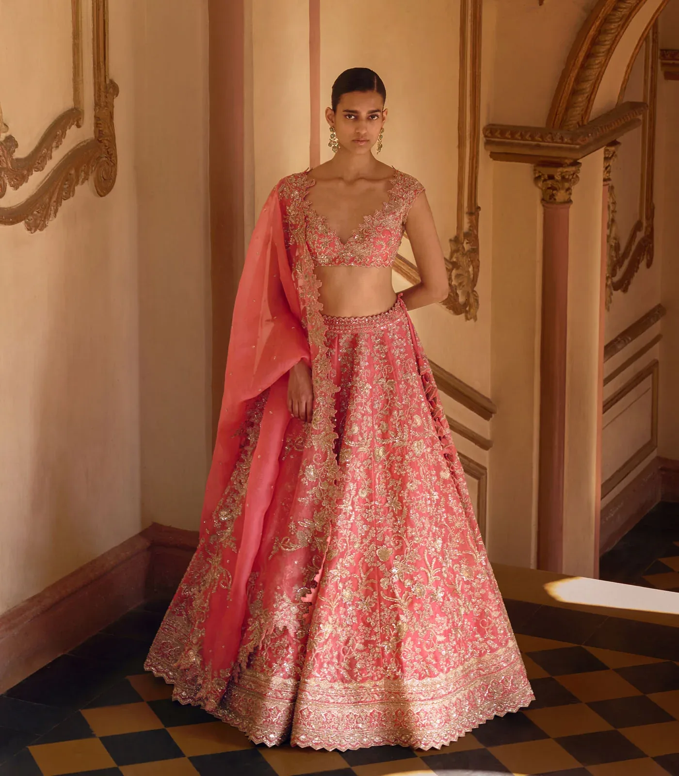 Coral Advika Lehenga Set by Anushree Reddy