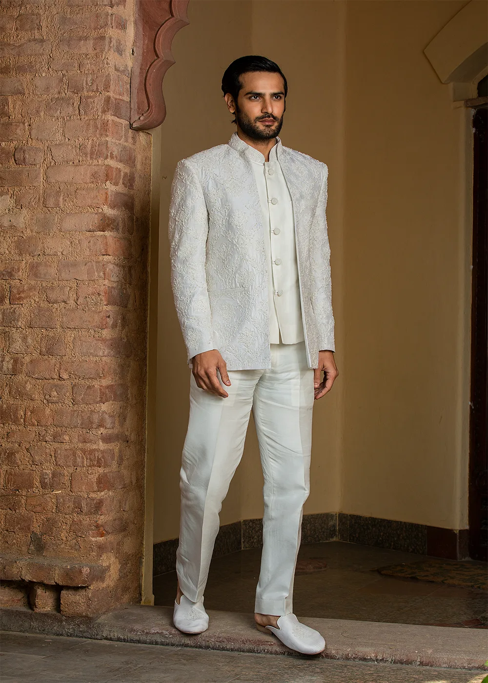 Ivory Raw Silk Short Embroidered Jacket with vest and Pant by Nitika Gujral, ivory bundi, view 2