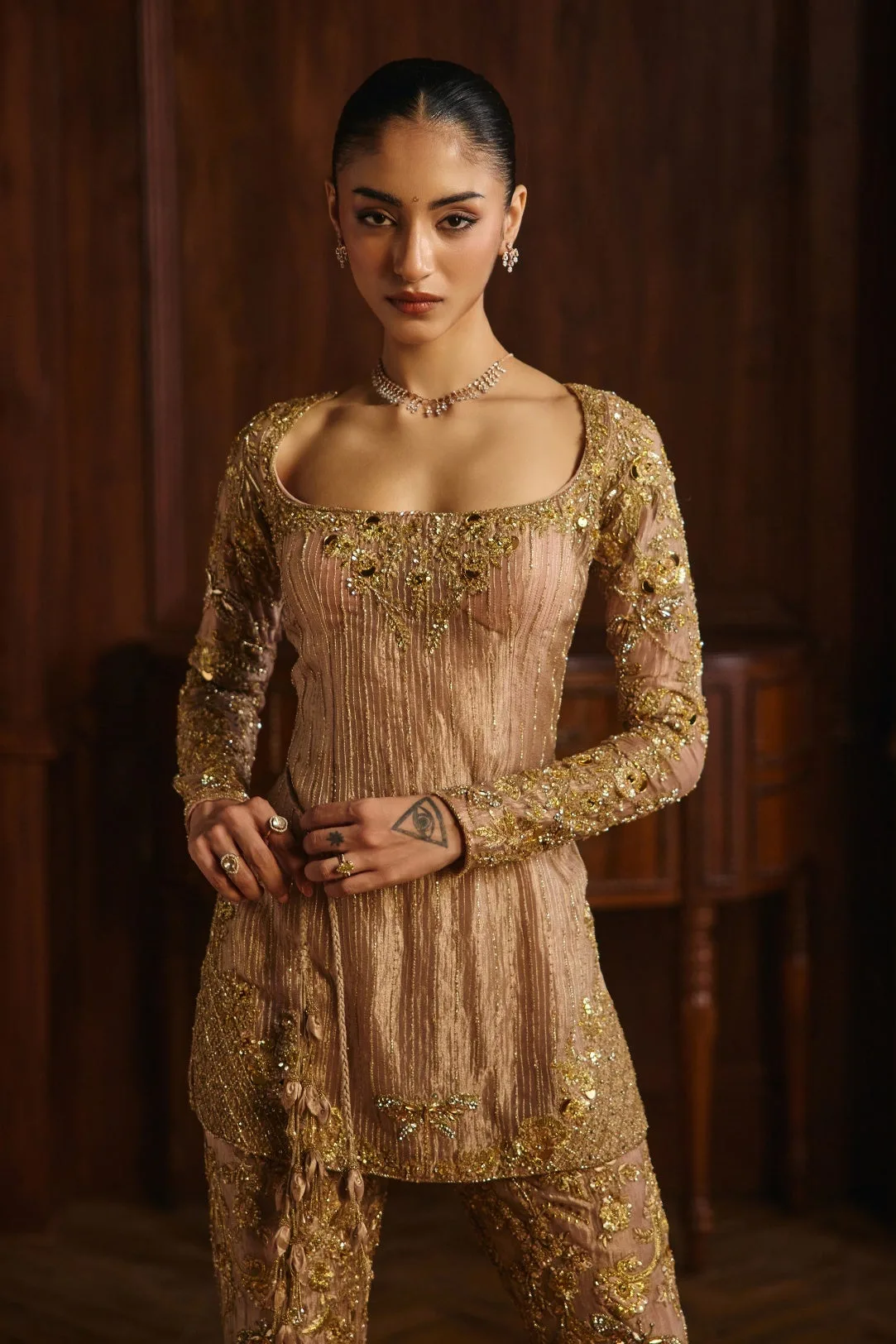 Rania by Mahima Mahajan, champagne kurta, view 4