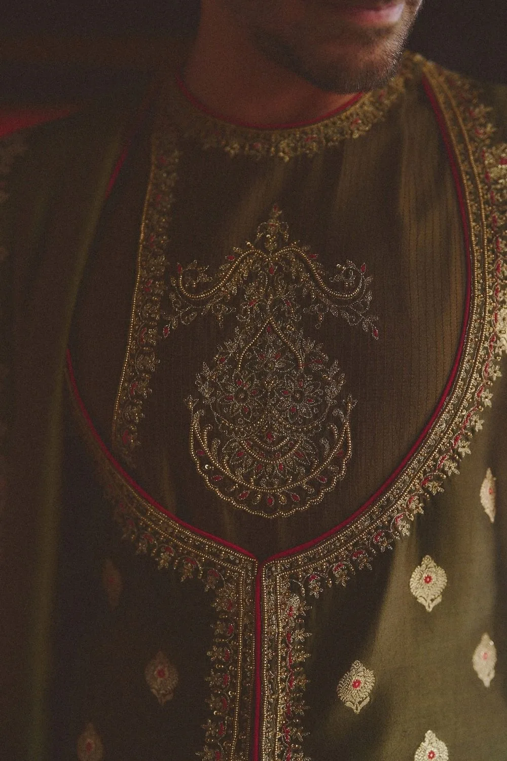 Yagya Angrakha by Jigar Mali, olive sherwani, view 2