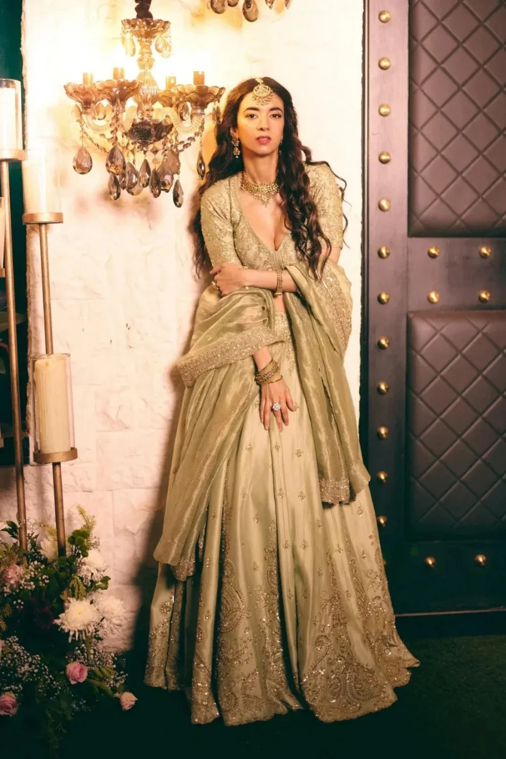 Saba Azad in Sage Green Chanderi Silk Lehenga Set by Jigar Mali