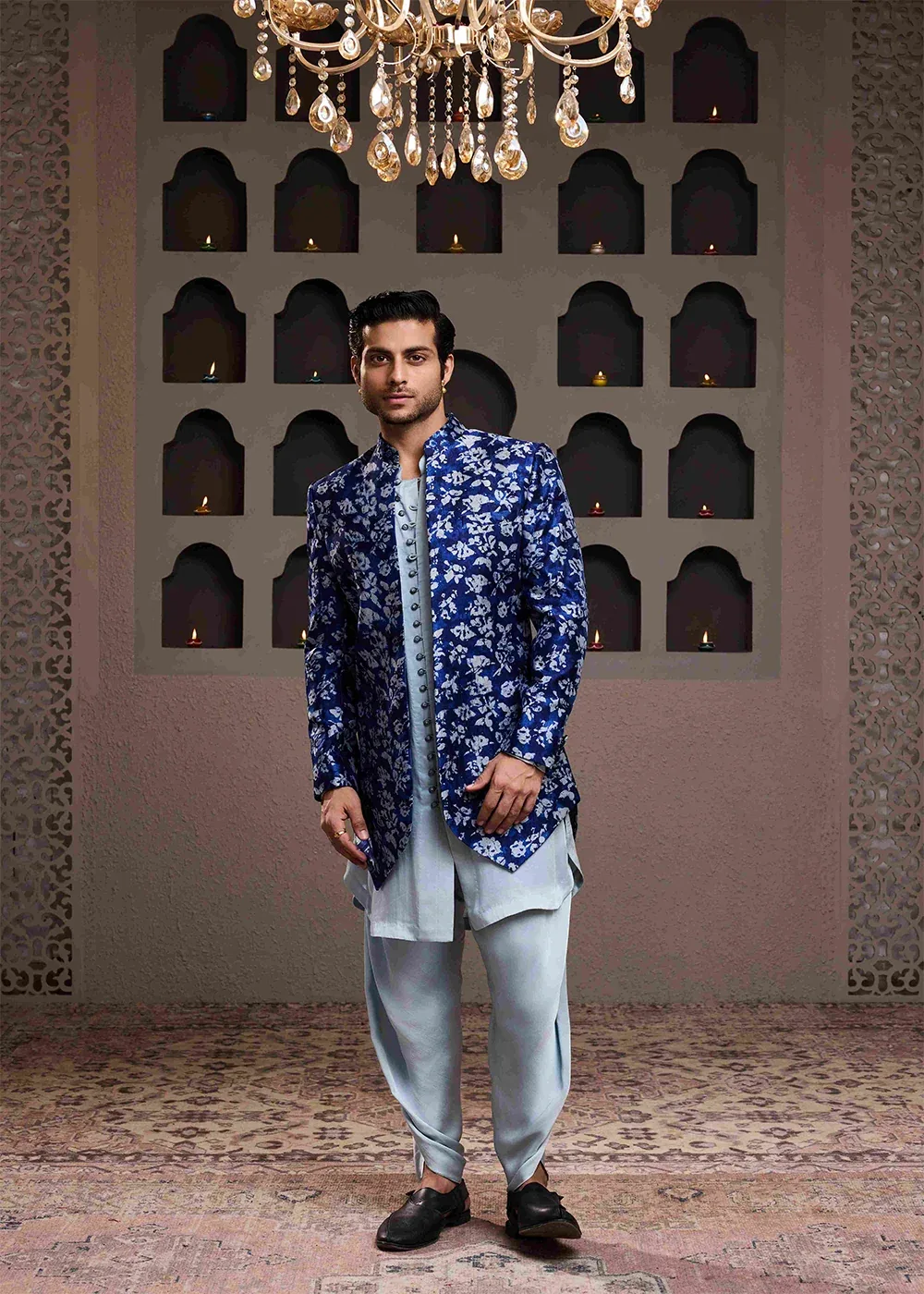 Indigo Printed Long Jacket Kurta Dhoti by Nitika Gujral