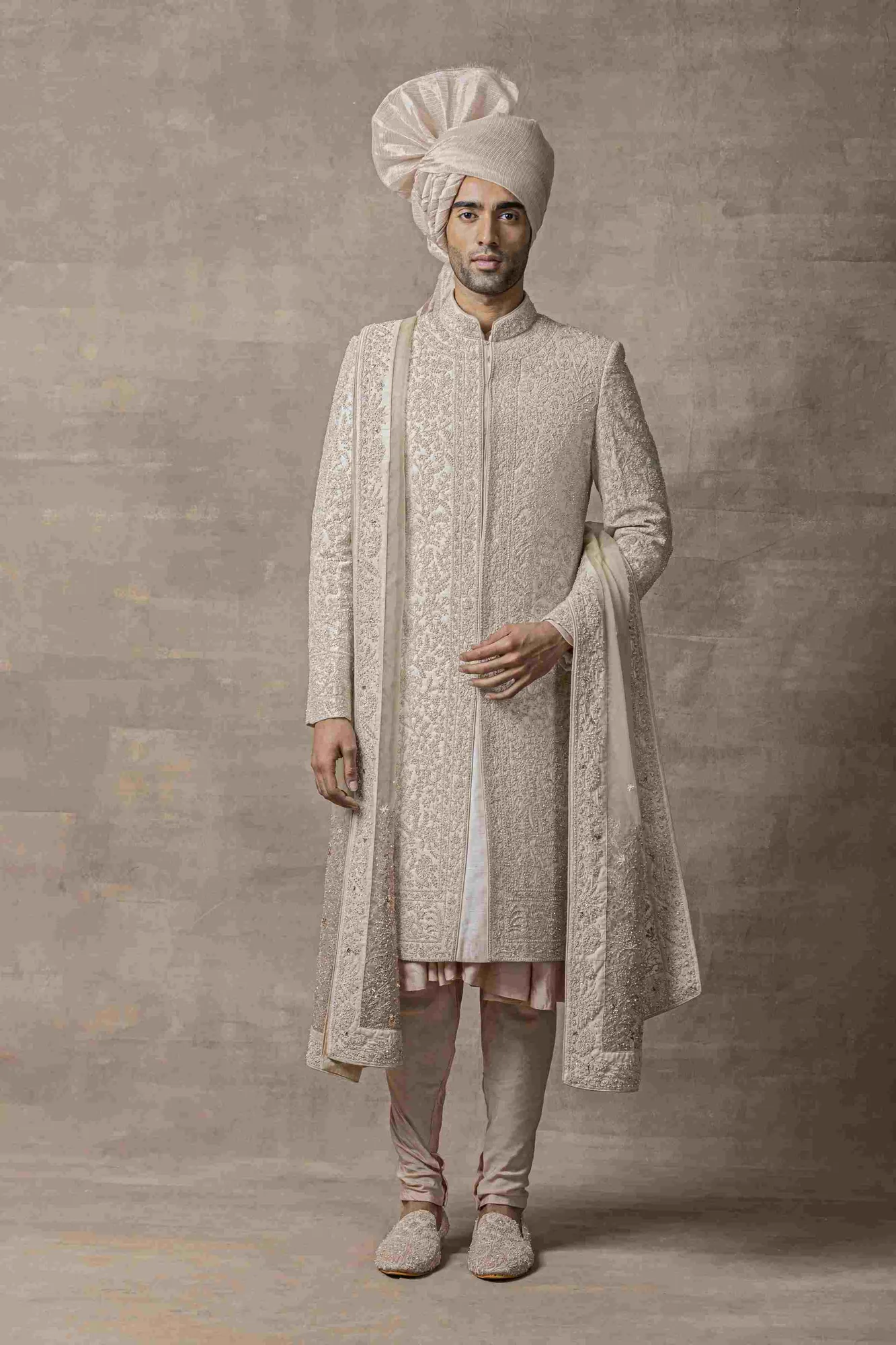 Dusty Rose Sherwani With Thread Work Highlighted With Pearl And Sequin by Sarab Khanijou