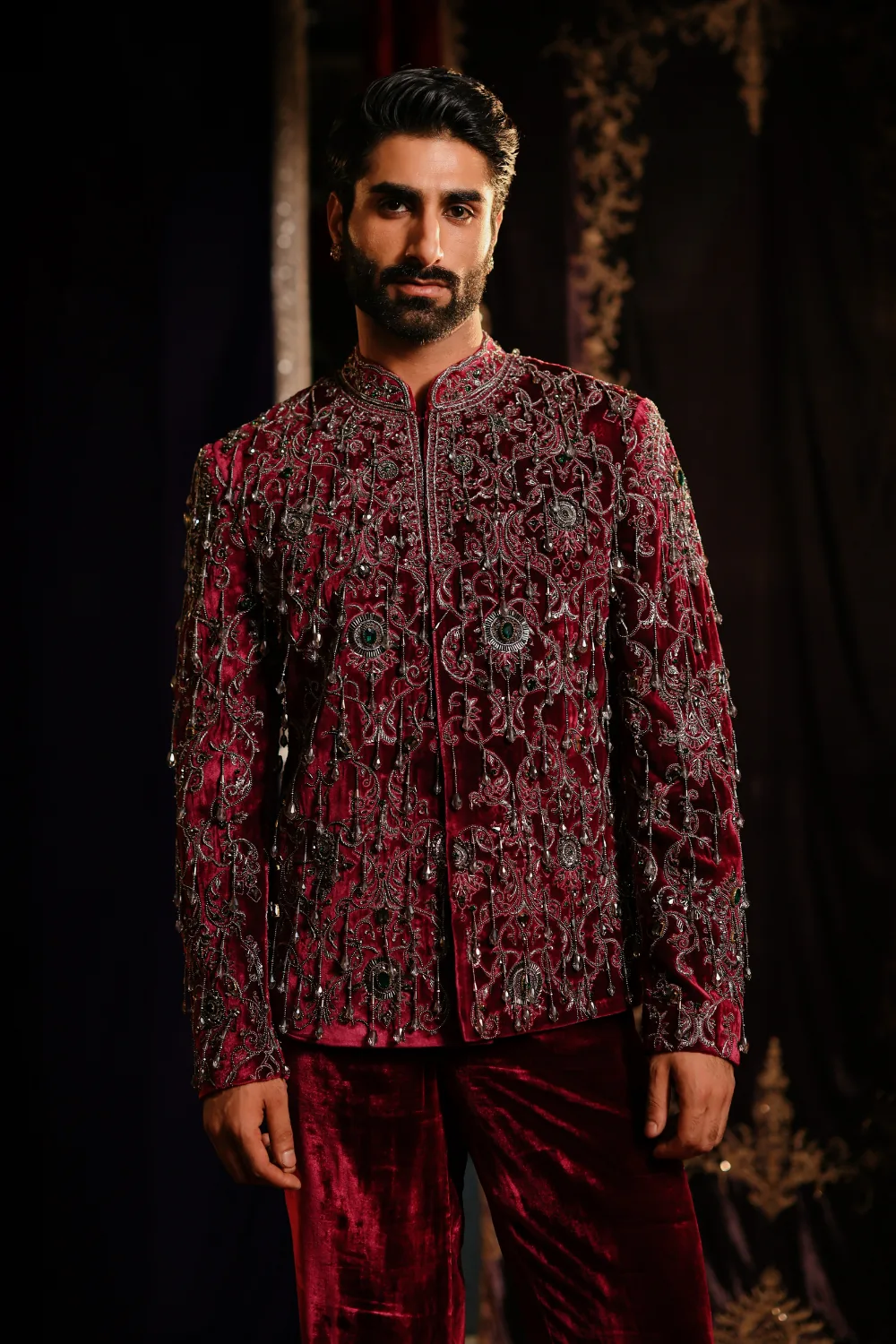 Misam Jacket Set by Jigar Mali in maroon, view 2