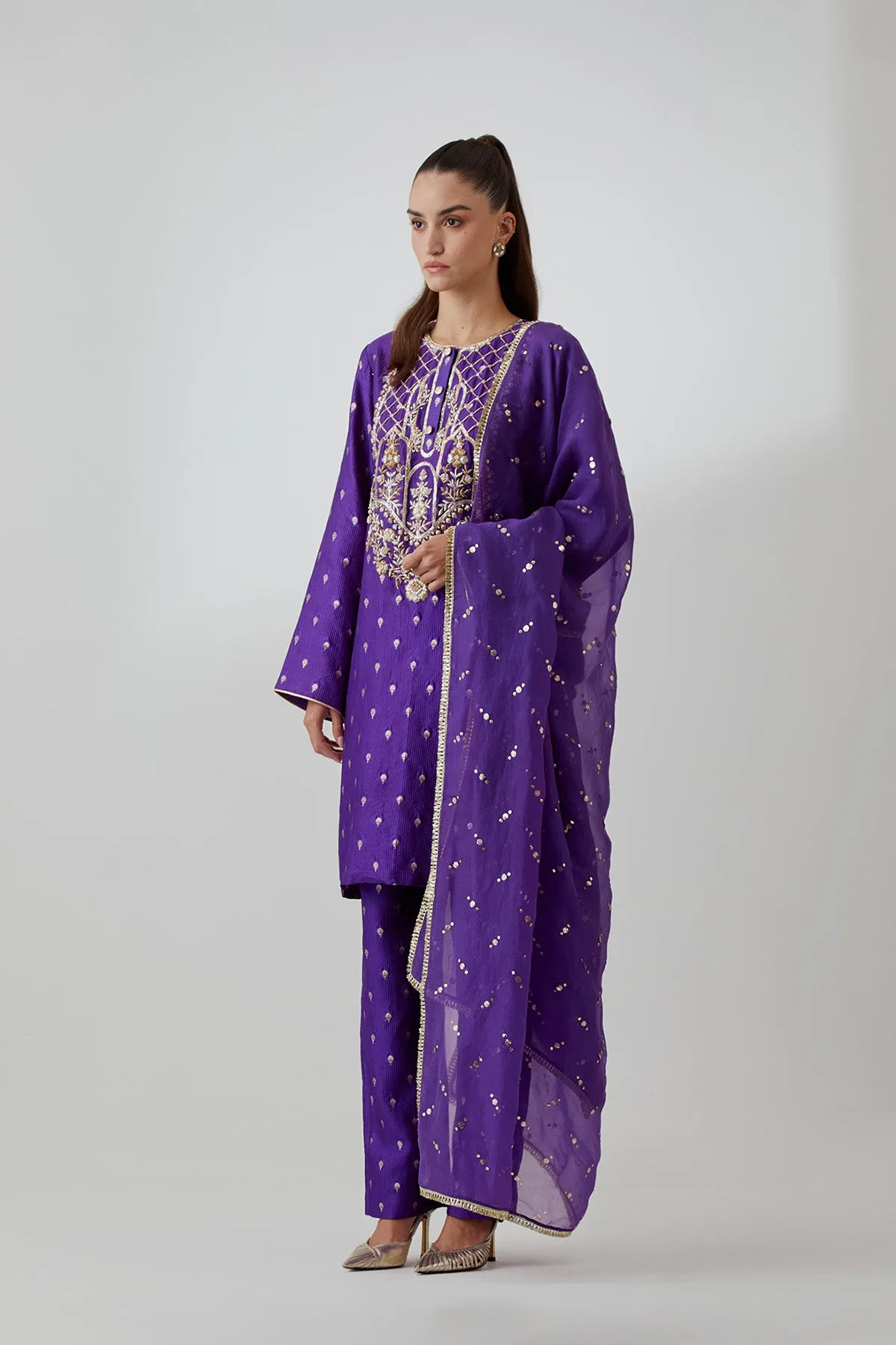 Purple Banarasi Embroidered Yoke Kurta With Pant And Mukaish Organza Dupatta by Payal Singhal, view 3