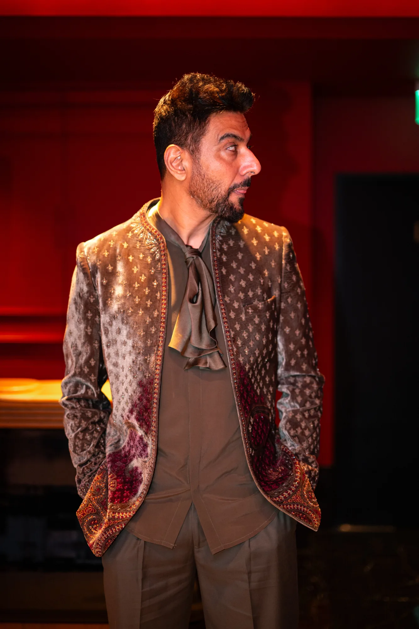 Ranveer Brar in Loden Jacket Set by Dolly J in green, view 3