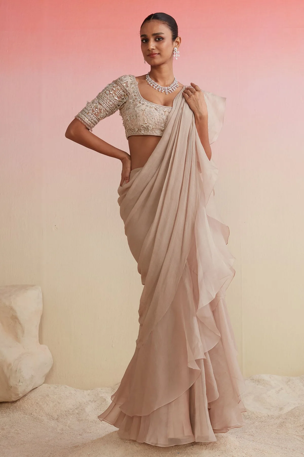 Hanai by Ridhi Mehra, champagne gold sari