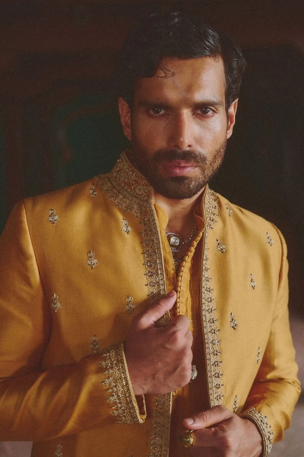 Samidha Jacket Set by Jigar Mali in mustard, view 2