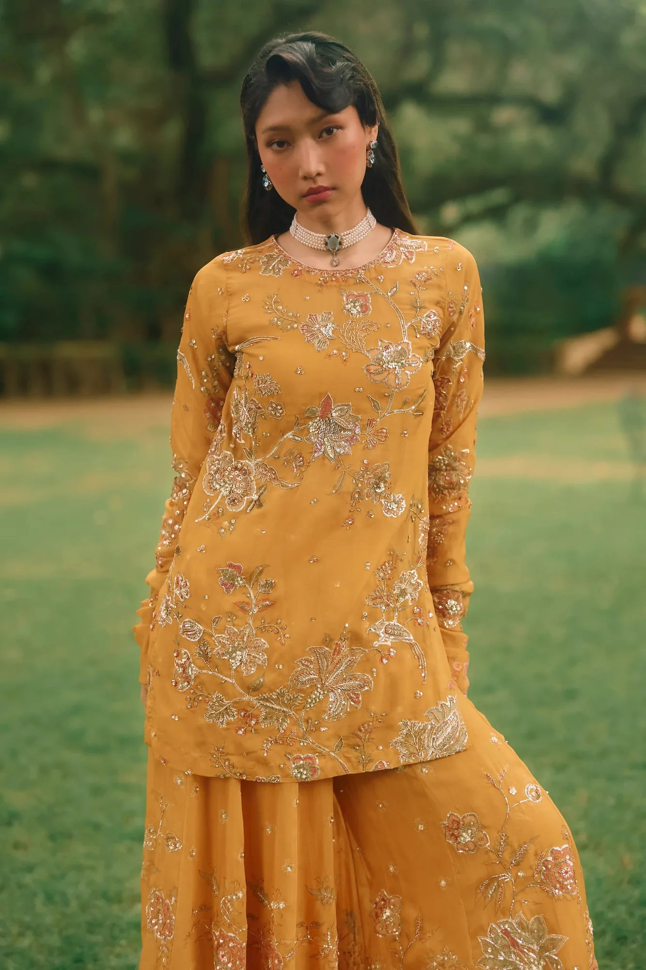 Leonara Kurta Set by Paulmi And Harsh in mustard, view 4