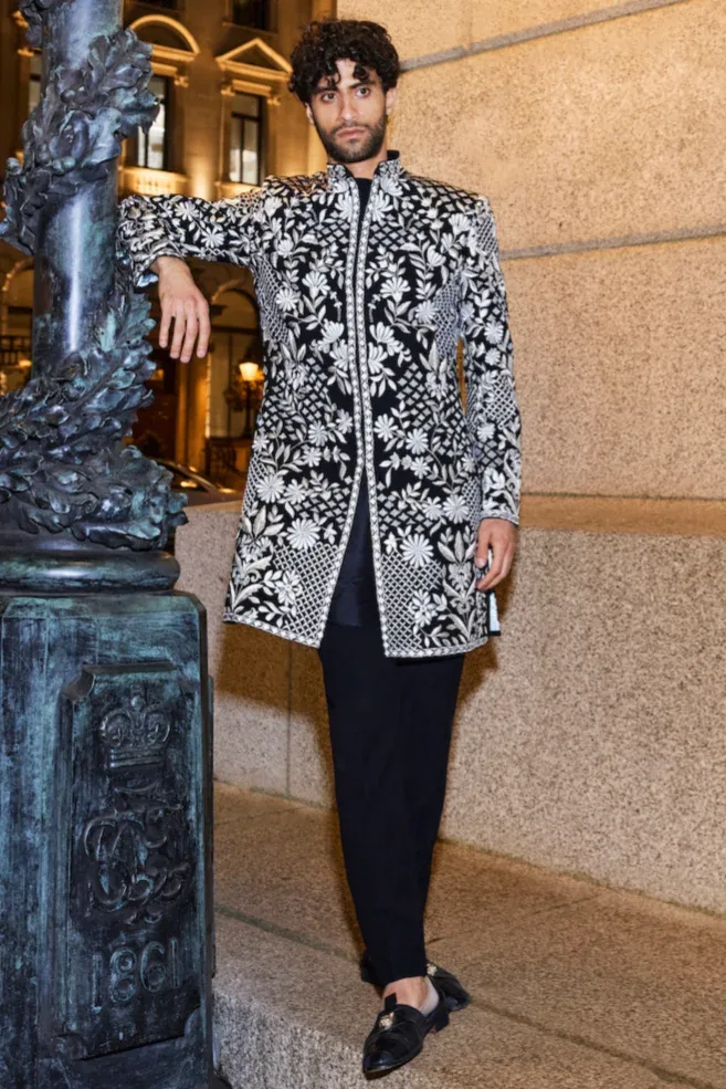 Black & Silver Sherwani Set by Seema Gujral