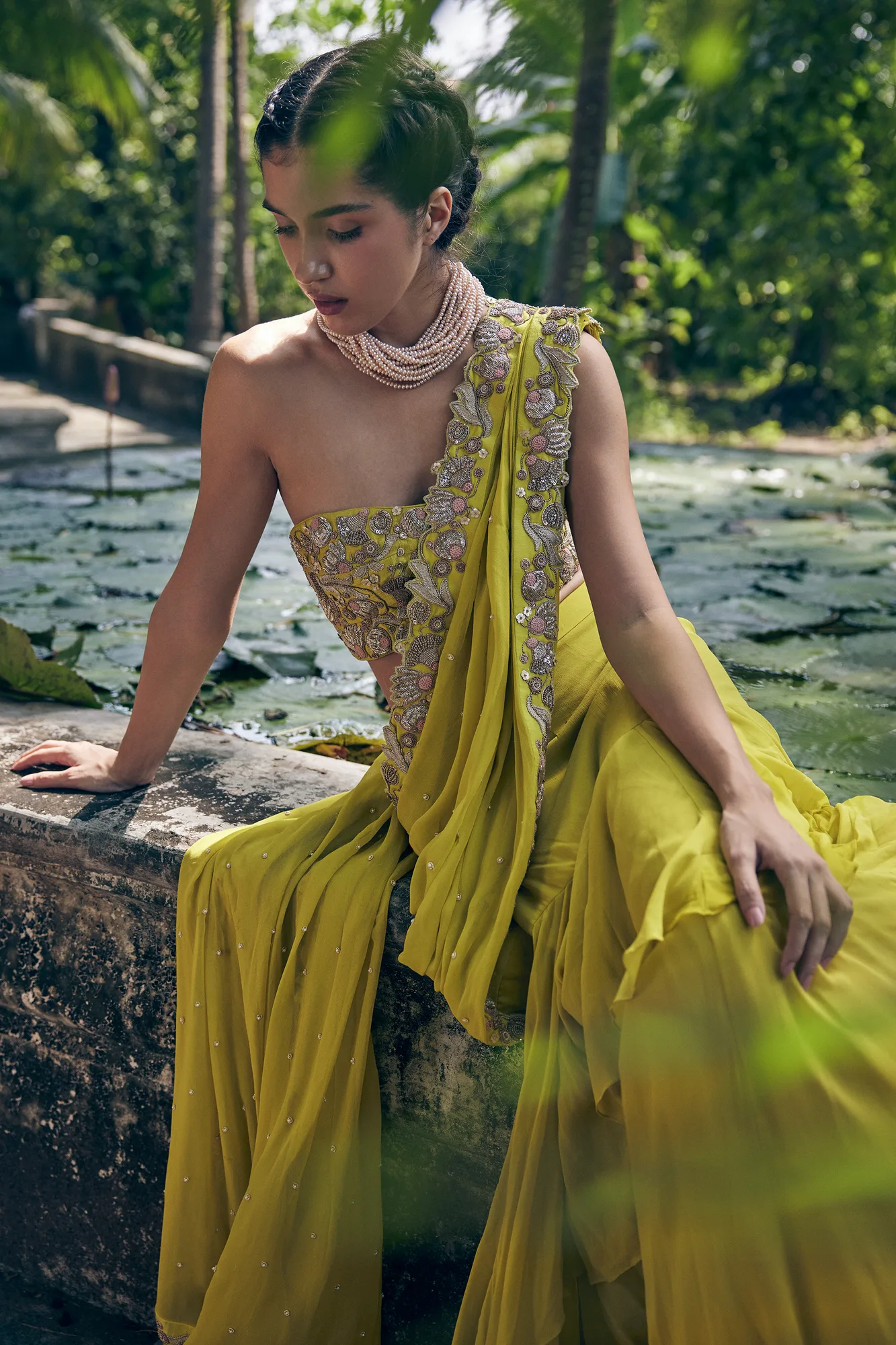 Clara Saree Set by Paulmi And Harsh in lime, view 2