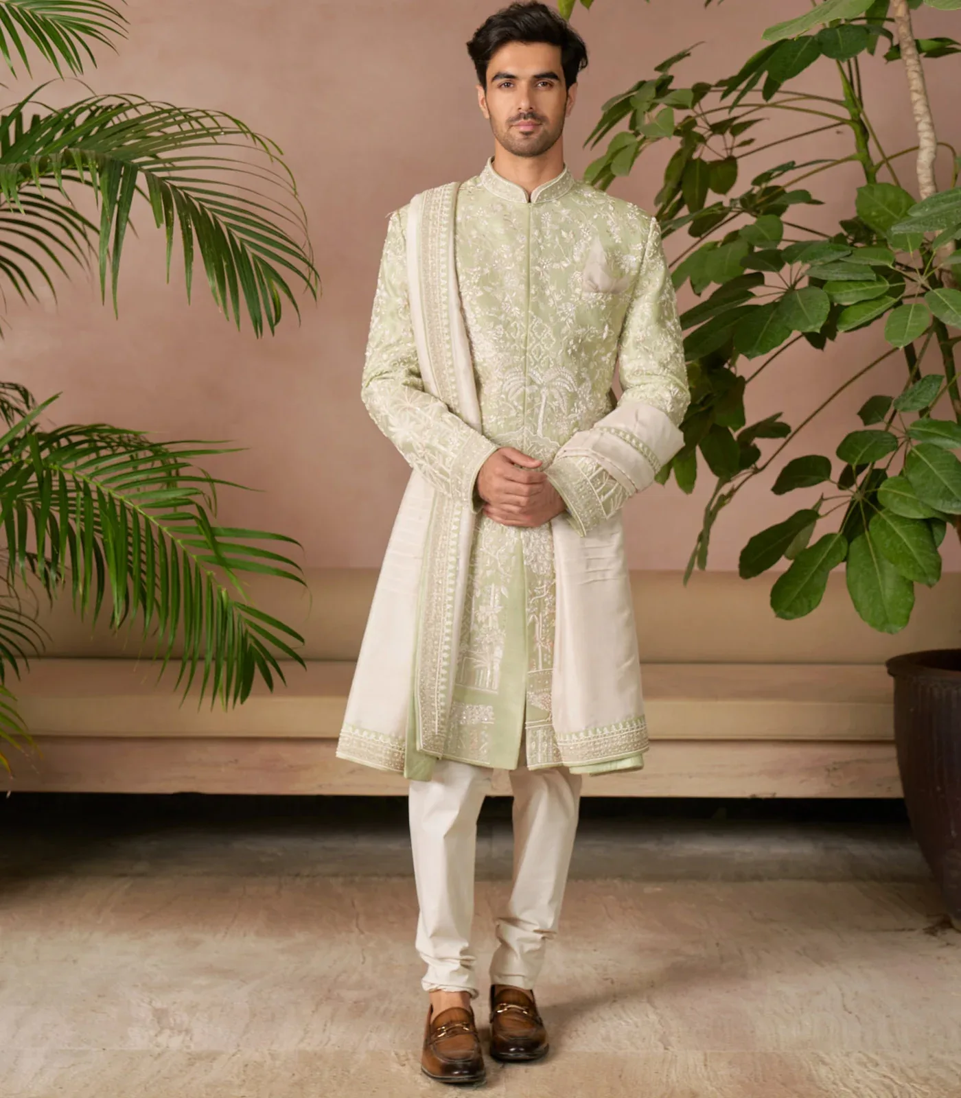 Mint Green Sherwani Set by Anushree Reddy