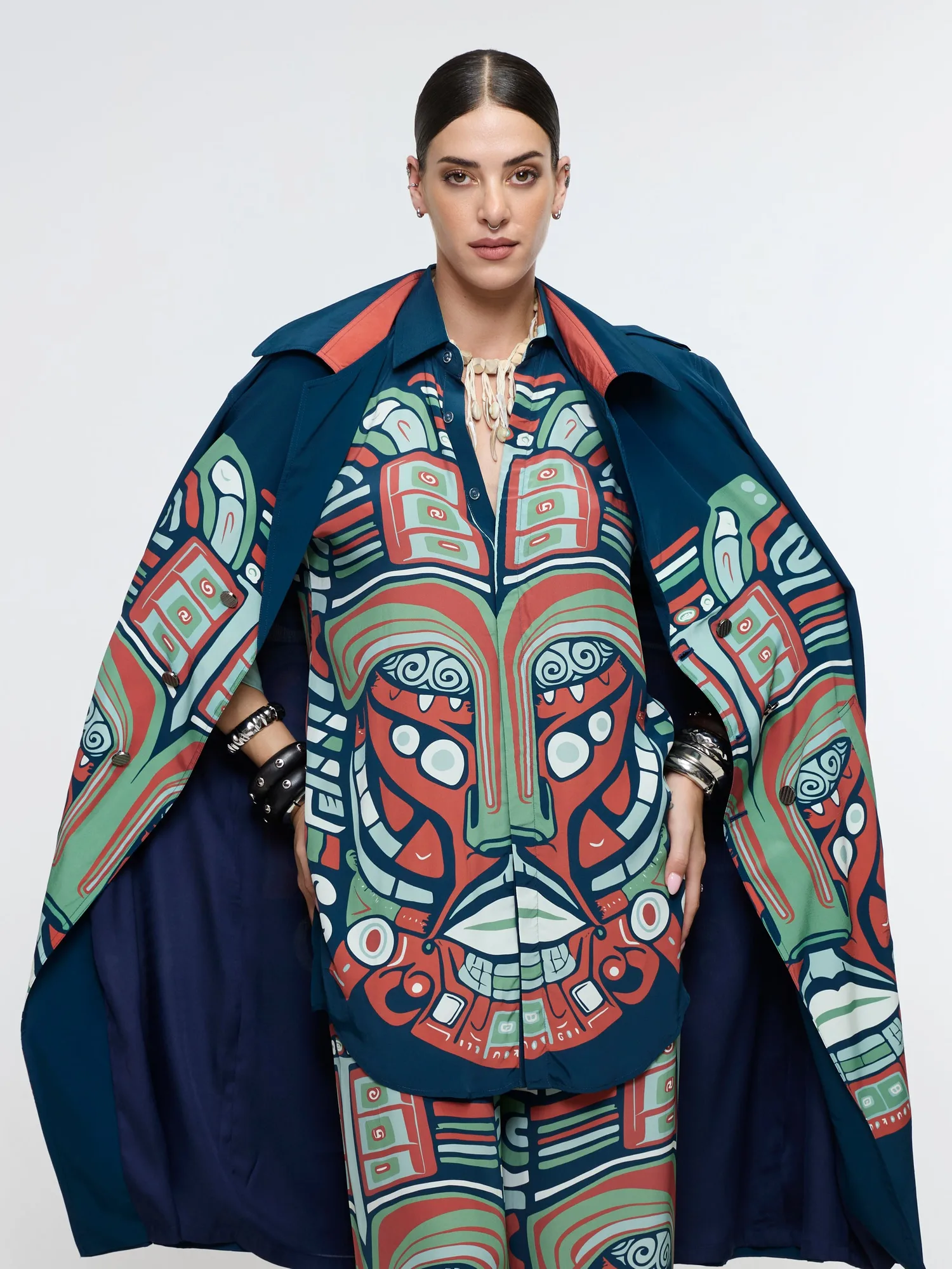 Midnight Blue Printed Mask Trench Coat With Shirt And Pant. by SVA, midnight blue jacket set, view 2