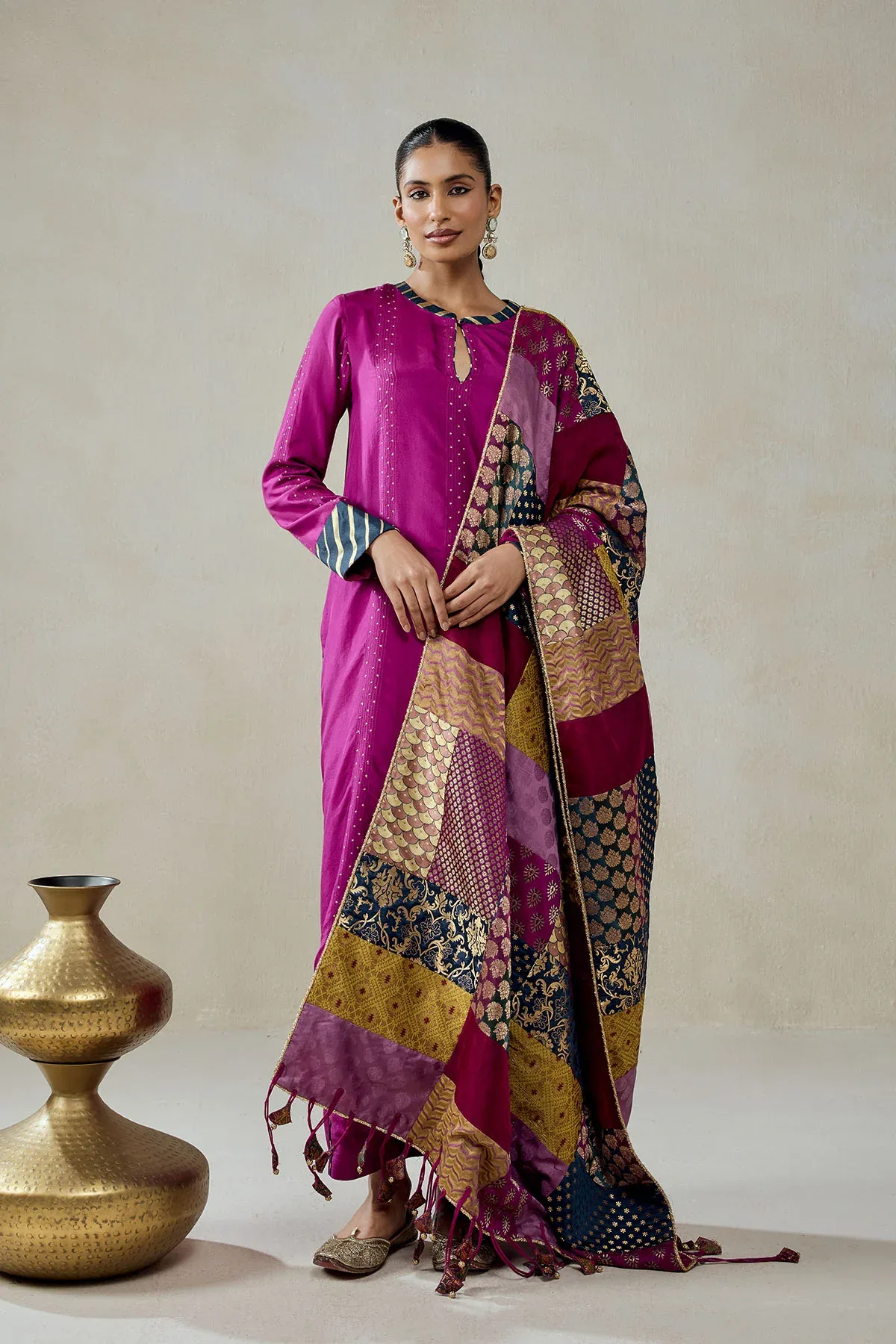 Wine Salwar Suit with Multicolour Brocade Dupatta Set by Nitika Gujral