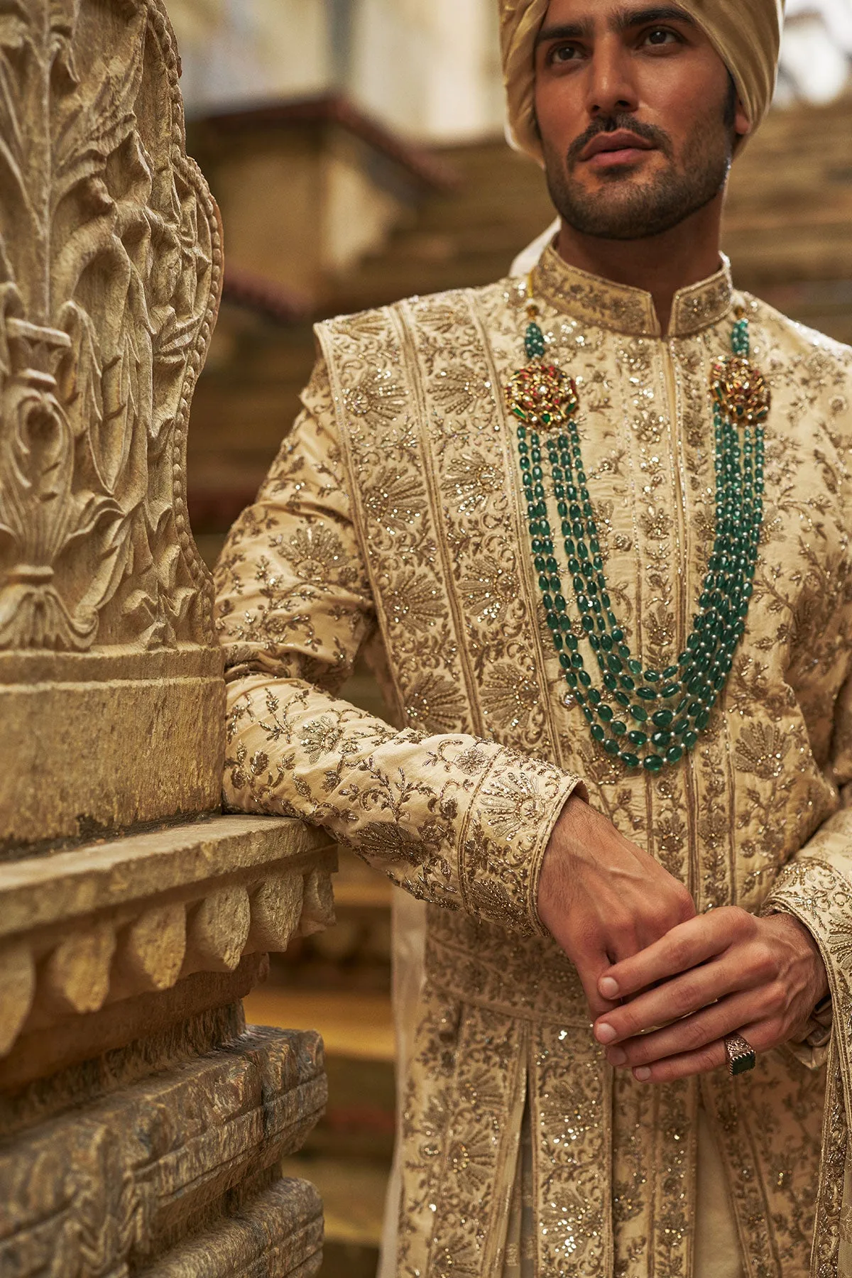 Cream Applique Sherwani Set by Nitika Gujral, view 4