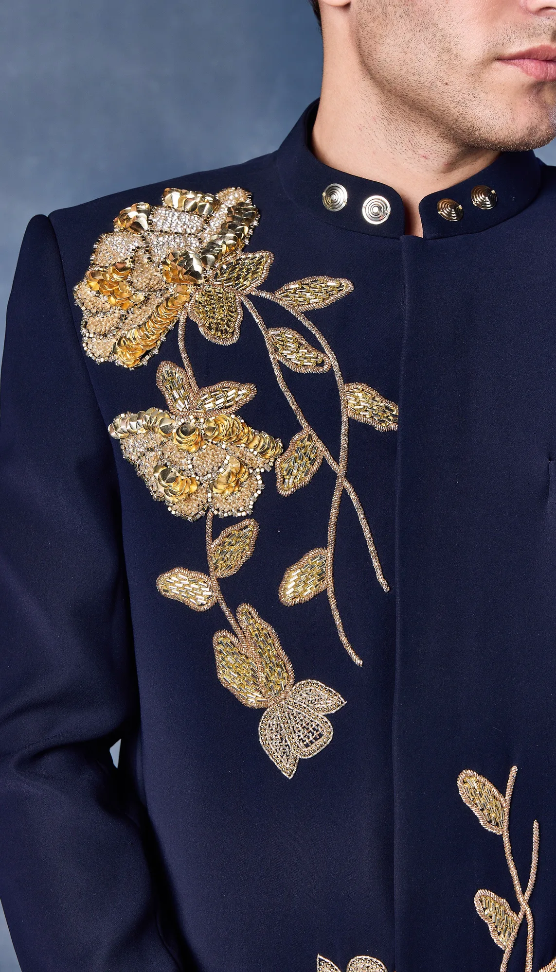 Midnight Bloom - Bandhgala by Papa Don't Preach in gold, view 4
