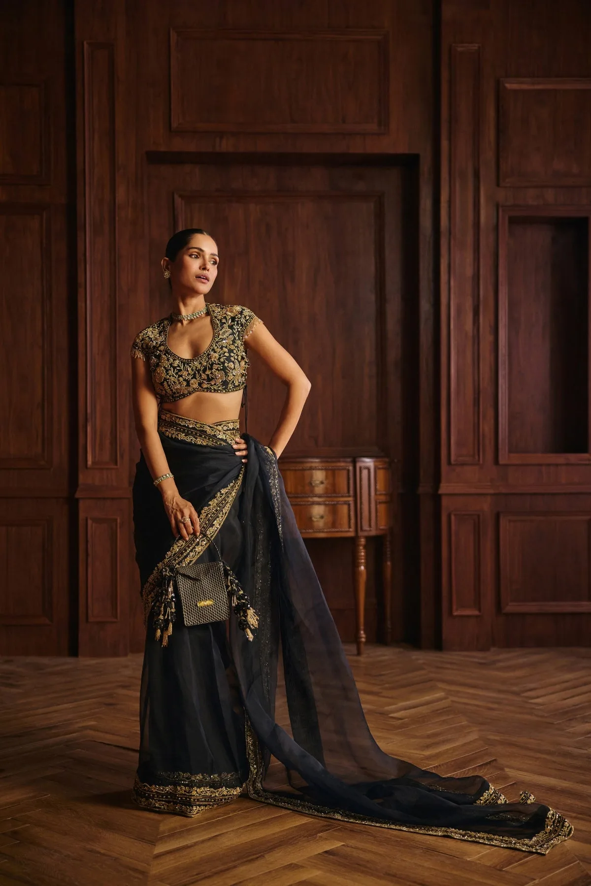 Khwab by Mahima Mahajan, black sari, view 4