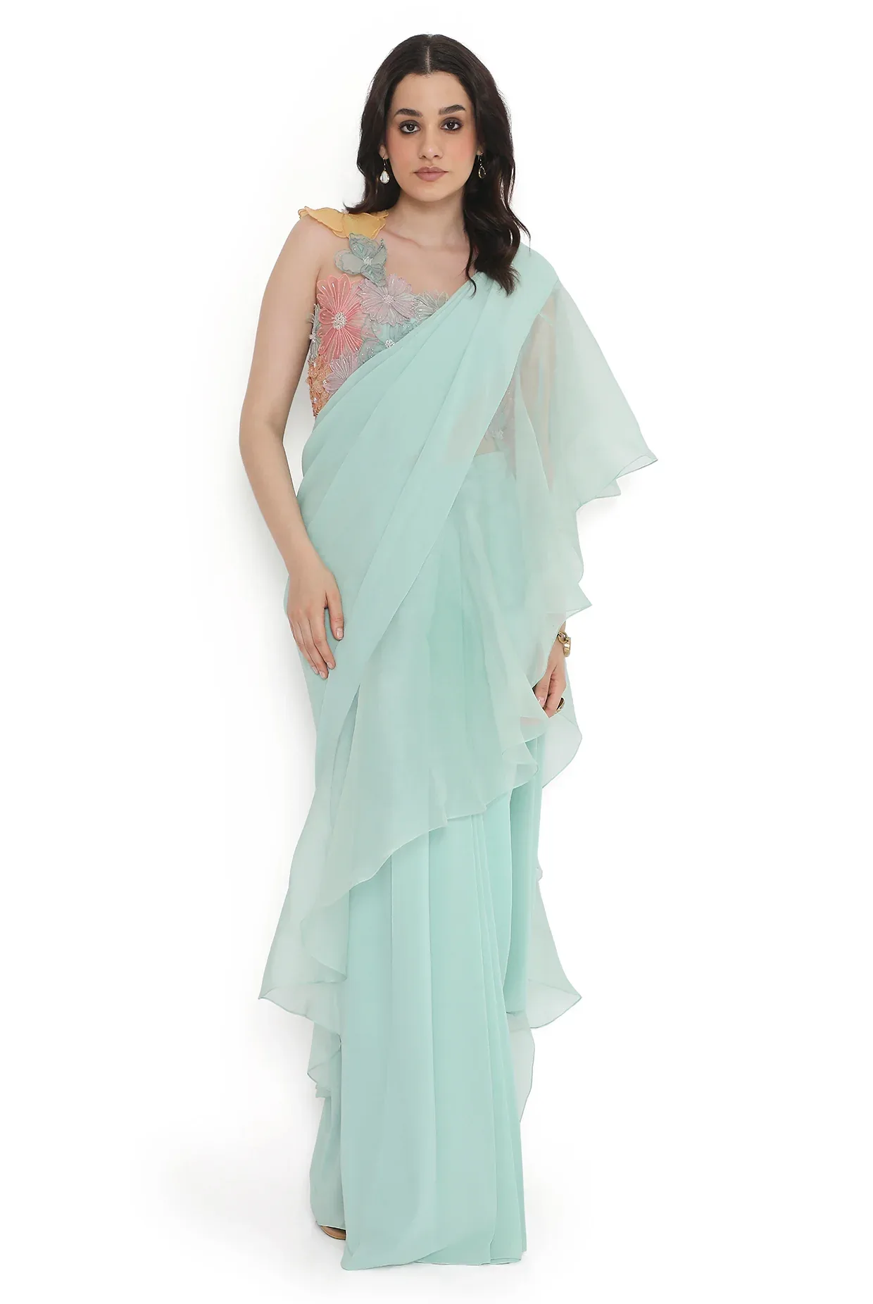 Aqua Embroidered Choli with Pre-Stitched Ruffled Saree by Payal Singhal